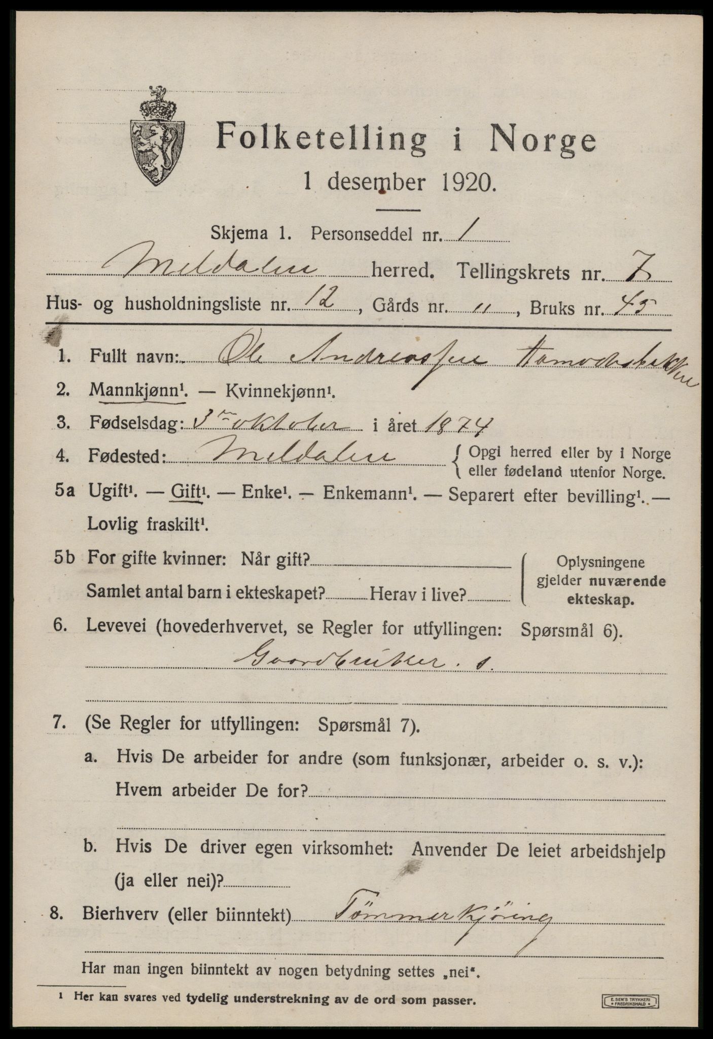 SAT, 1920 census for Meldal, 1920, p. 7395