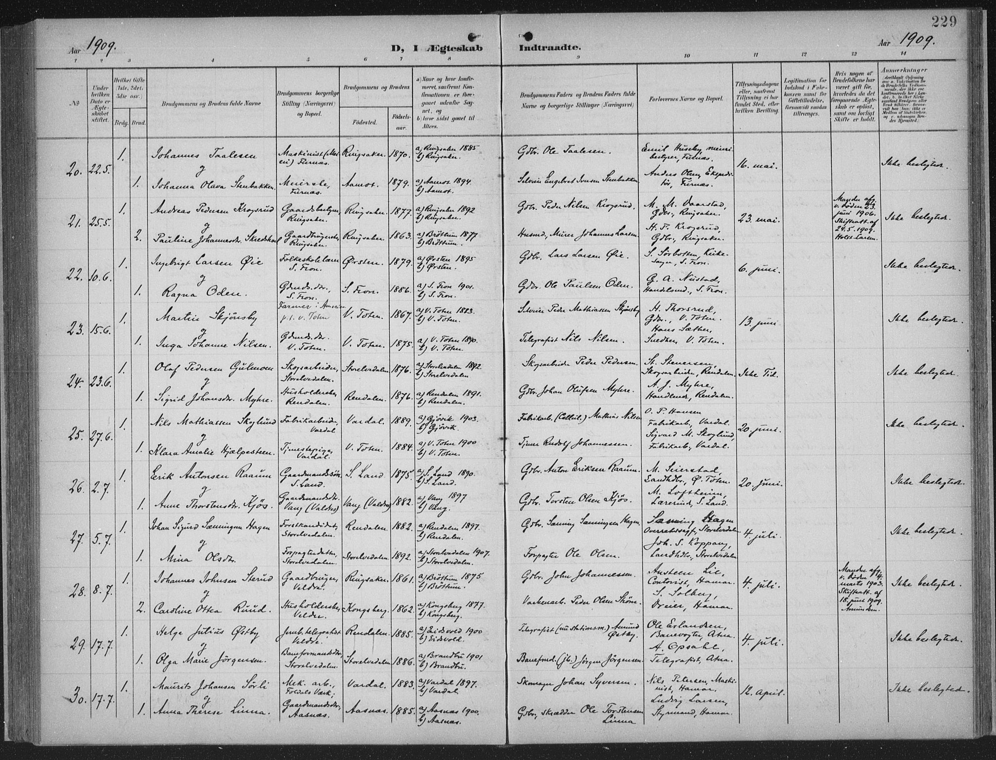 Hamar prestekontor, AV/SAH-DOMPH-002/H/Ha/Haa/L0001: Parish register (official) no. 1, 1900-1914, p. 229