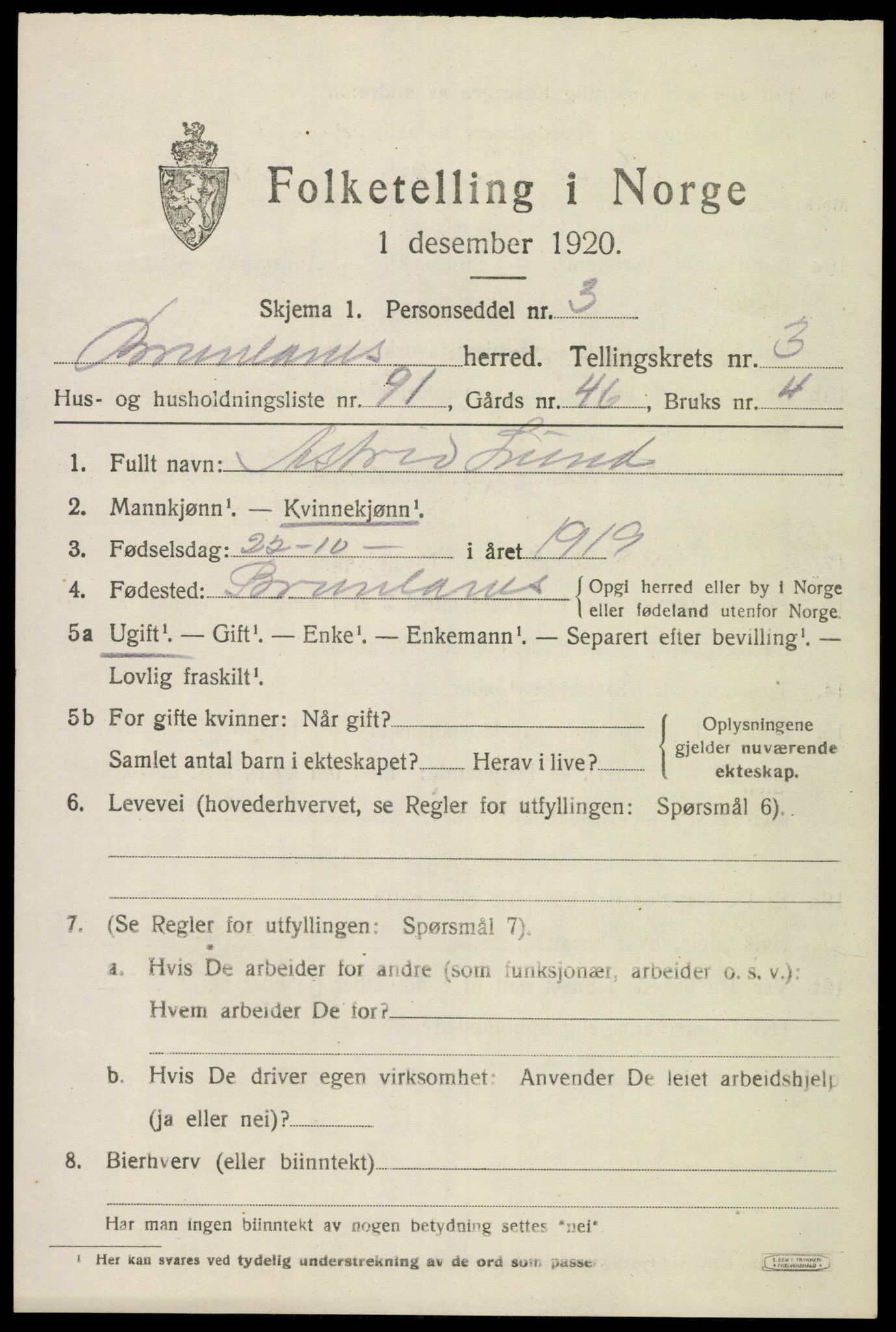 SAKO, 1920 census for Brunlanes, 1920, p. 5783