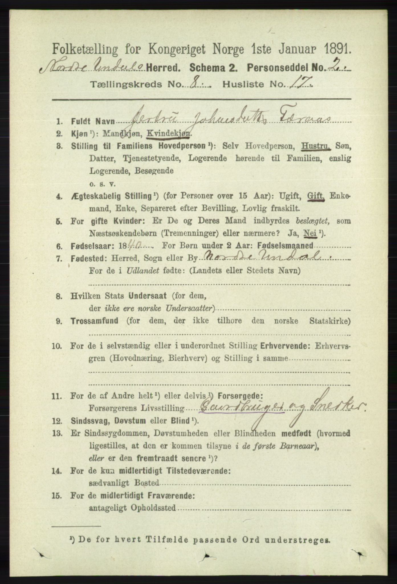 RA, 1891 census for 1028 Nord-Audnedal, 1891, p. 2187