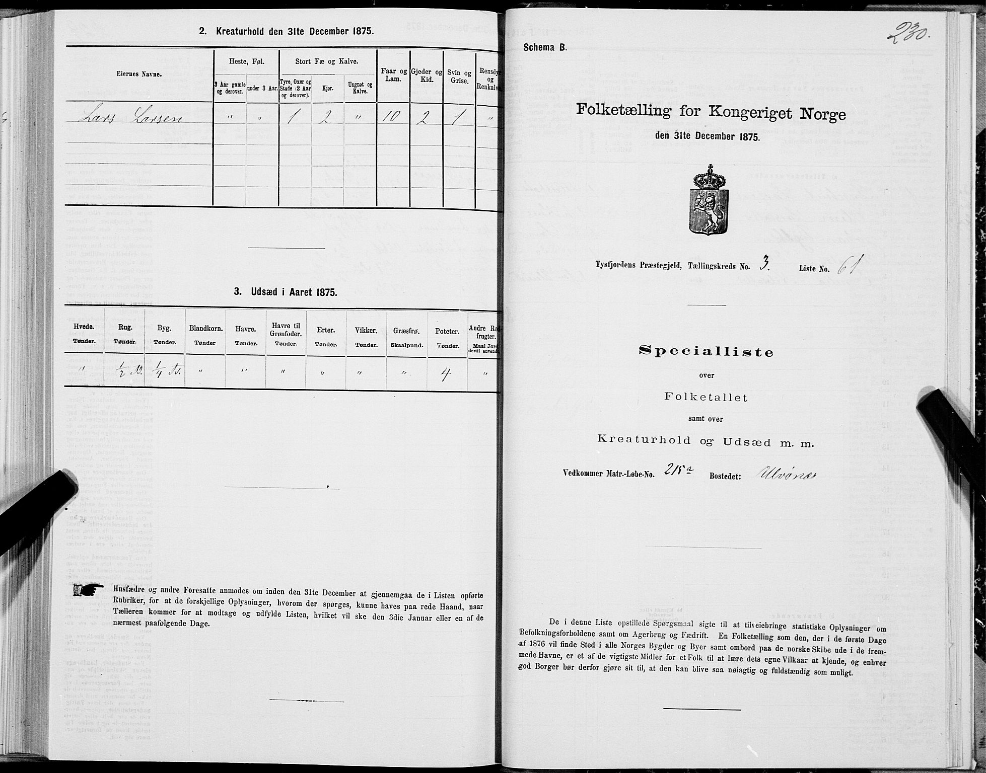 SAT, 1875 census for 1850P Tysfjord, 1875, p. 2230