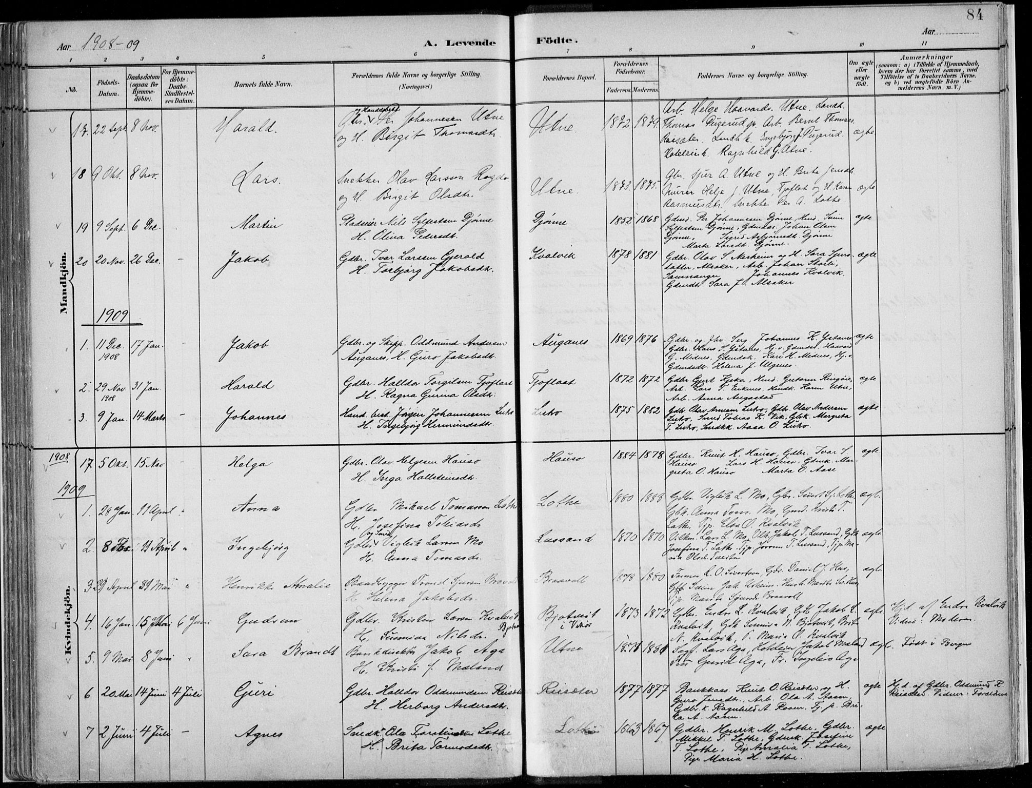 Ullensvang sokneprestembete, SAB/A-78701/H/Haa: Parish register (official) no. E  1, 1882-1921, p. 84