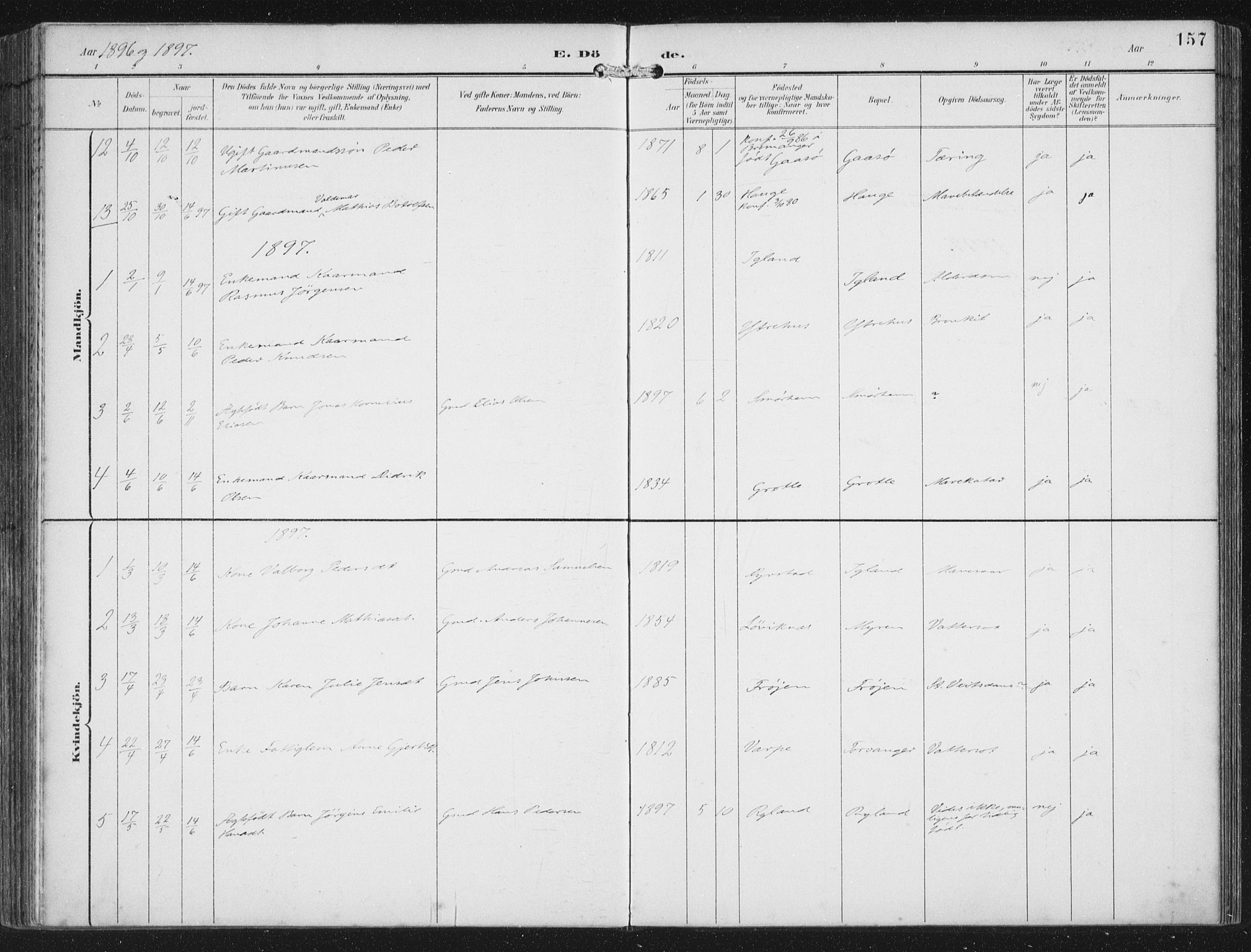 Bremanger sokneprestembete, SAB/A-82201/H/Haa/Haab/L0002: Parish register (official) no. B  2, 1896-1908, p. 157