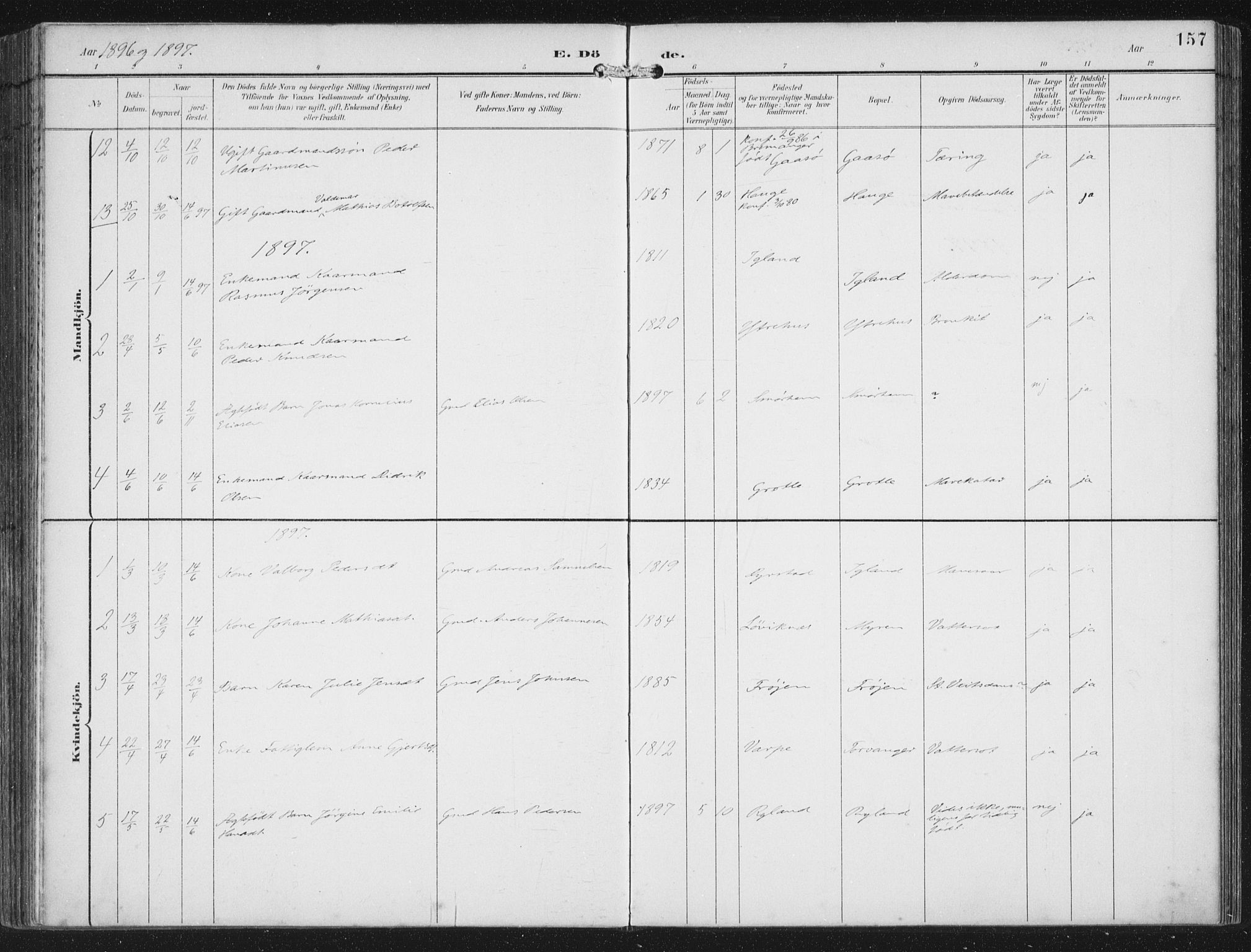 Bremanger sokneprestembete, AV/SAB-A-82201/H/Haa/Haab/L0002: Parish register (official) no. B  2, 1896-1908, p. 157