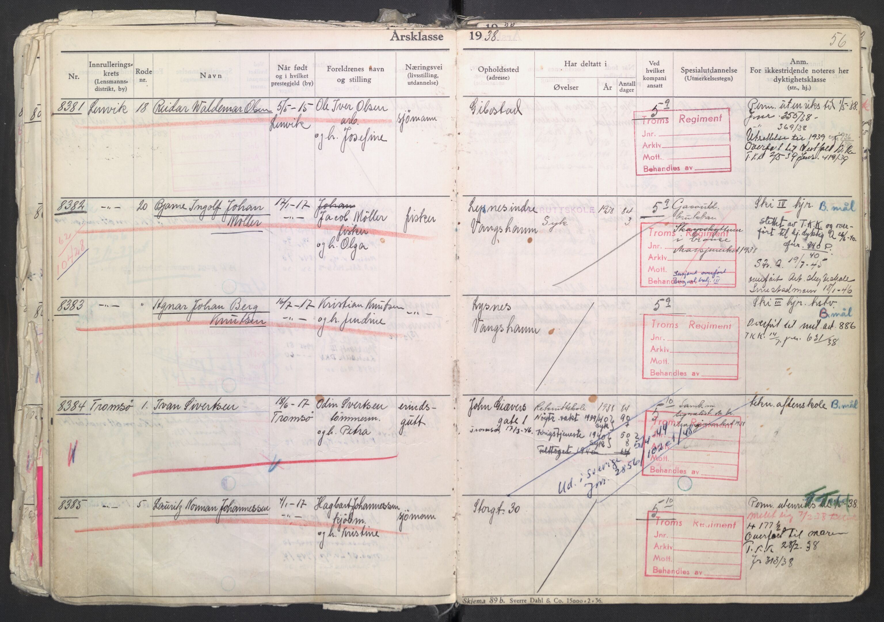 Forsvaret, Troms infanteriregiment nr. 16, AV/RA-RAFA-3146/P/Pa/L0007/0003: Ruller / Rulle for regimentets menige mannskaper, årsklasse 1938, 1938, p. 56