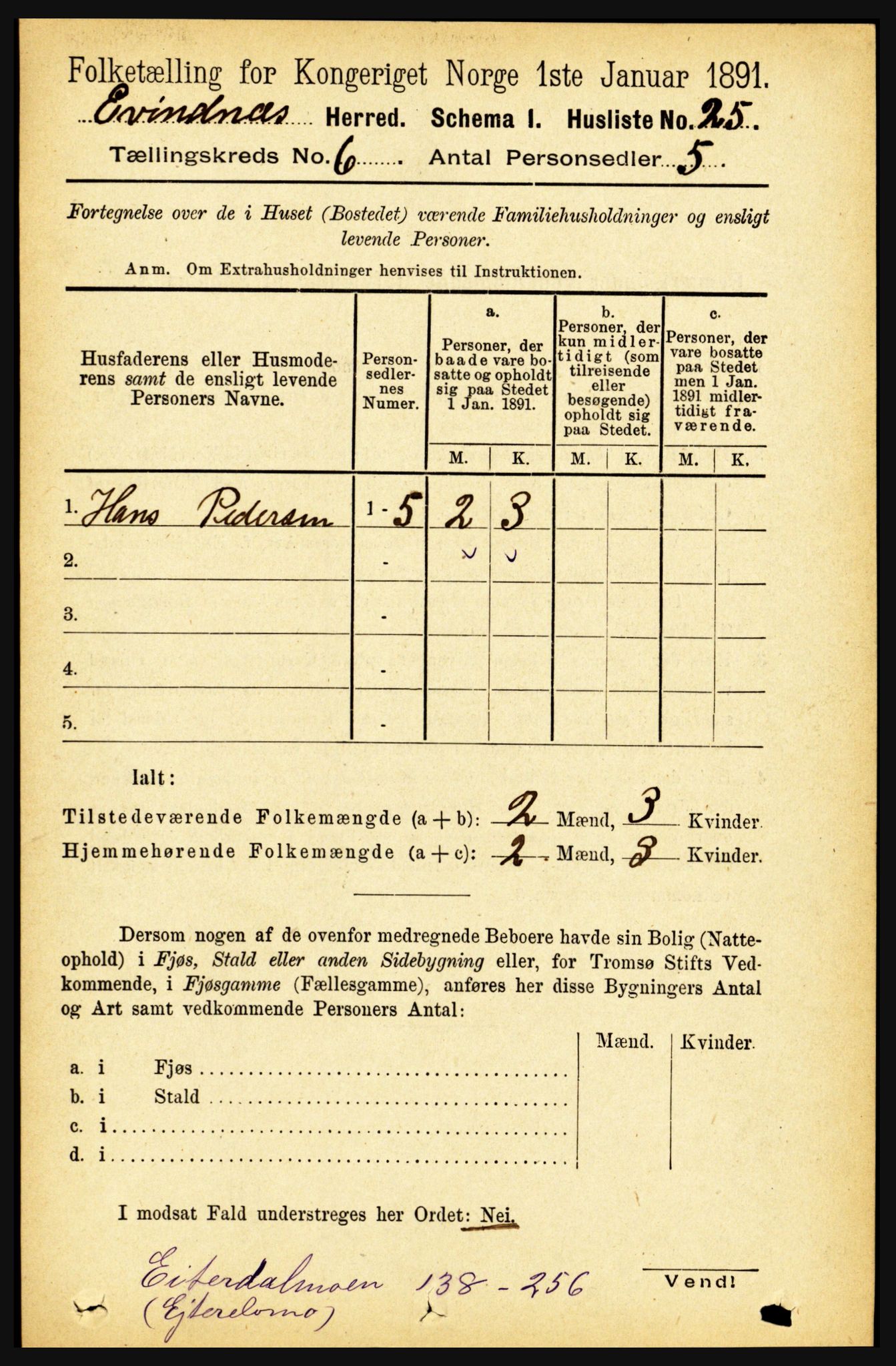 RA, 1891 census for 1853 Evenes, 1891, p. 1909