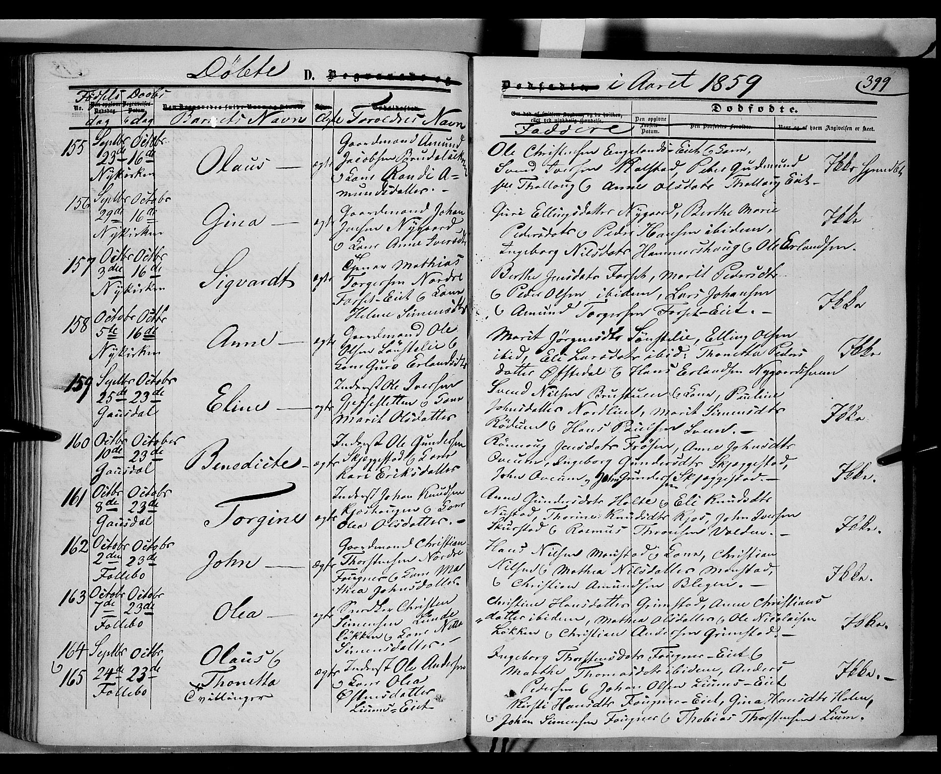 Gausdal prestekontor, SAH/PREST-090/H/Ha/Haa/L0008: Parish register (official) no. 8, 1850-1861, p. 399
