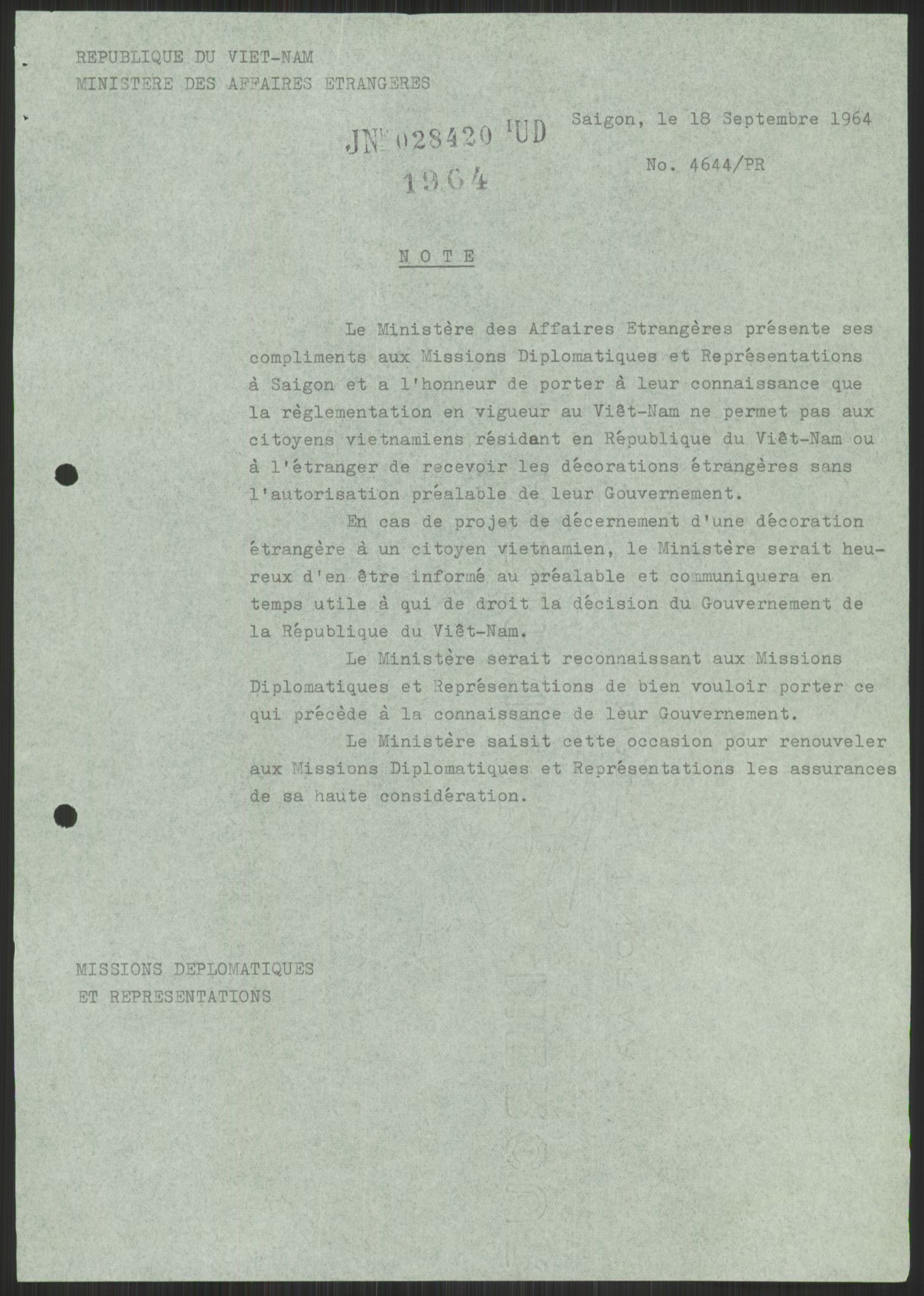 Utenriksdepartementet, hovedarkiv, AV/RA-S-6794/D/Da/Daa/L0537: Ordensvesen. Fremmede lands ordener, medaljer og hederstegn. Hjemsendelse av norske ordener etter utlendinger, 1954-1969, p. 93