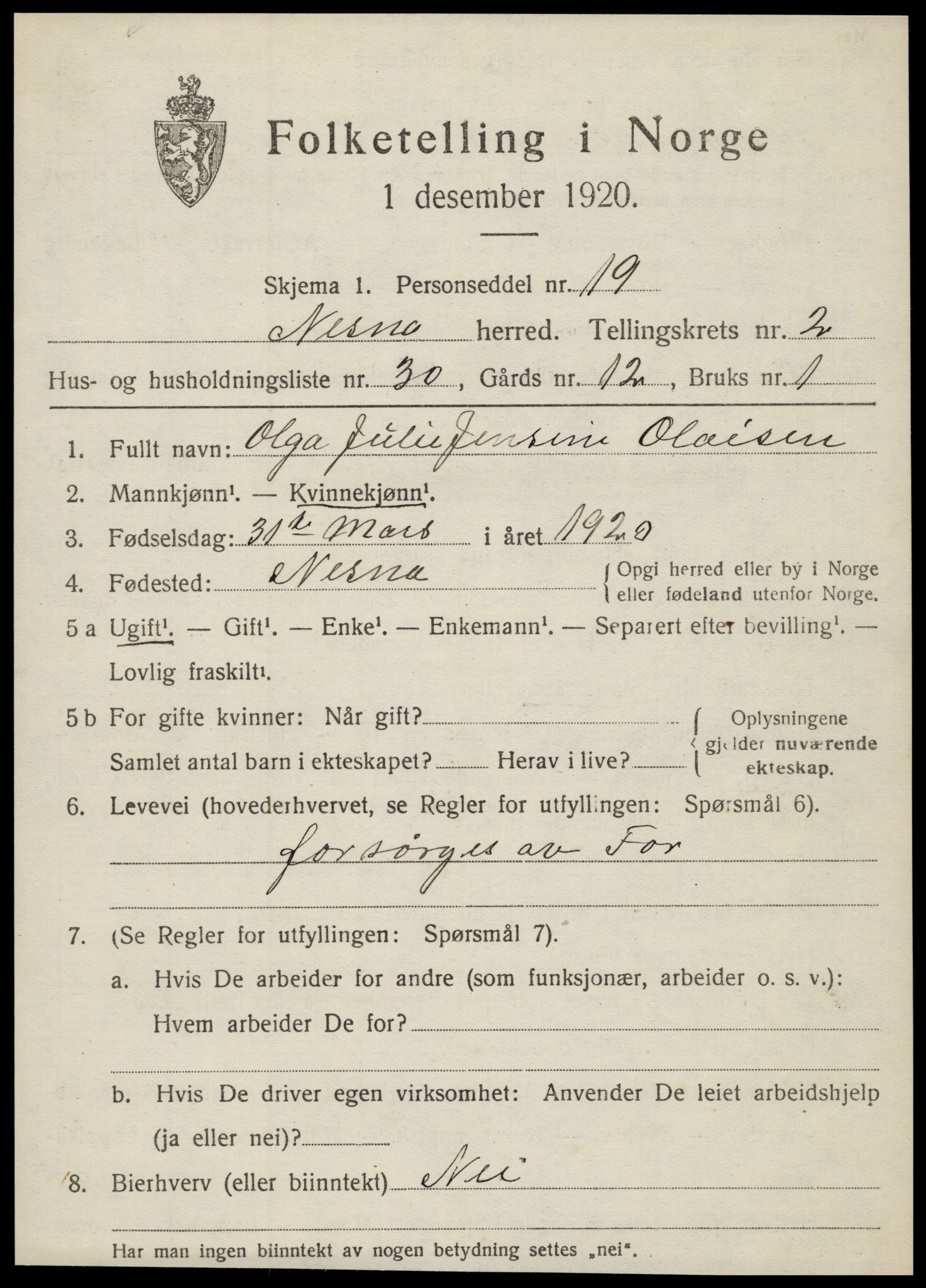 SAT, 1920 census for Nesna, 1920, p. 2073