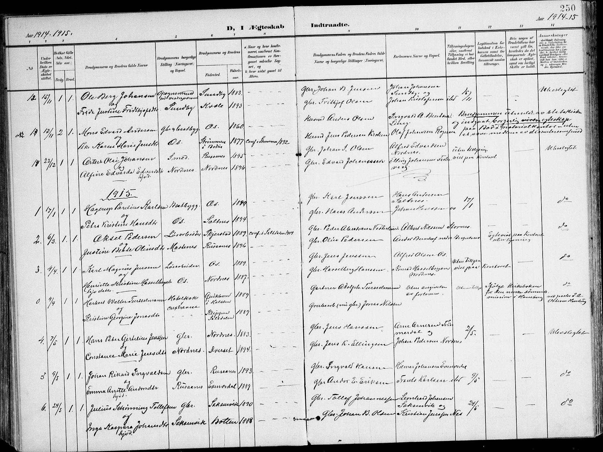 Ministerialprotokoller, klokkerbøker og fødselsregistre - Nordland, AV/SAT-A-1459/847/L0672: Parish register (official) no. 847A12, 1902-1919, p. 250