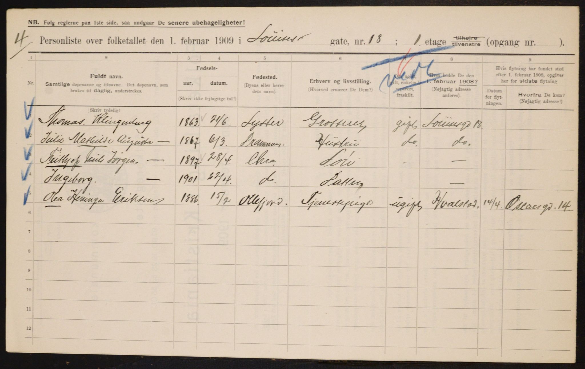 OBA, Municipal Census 1909 for Kristiania, 1909, p. 53095