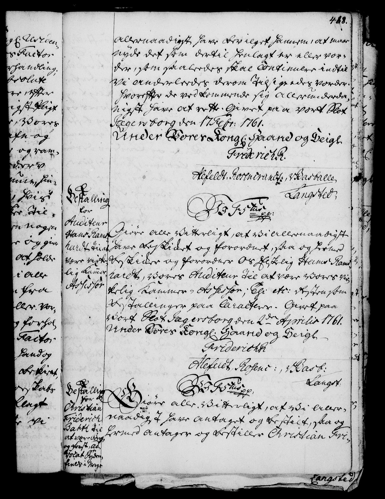 Rentekammeret, Kammerkanselliet, RA/EA-3111/G/Gg/Gge/L0003: Norsk bestallingsprotokoll med register (merket RK 53.27), 1745-1761, p. 488