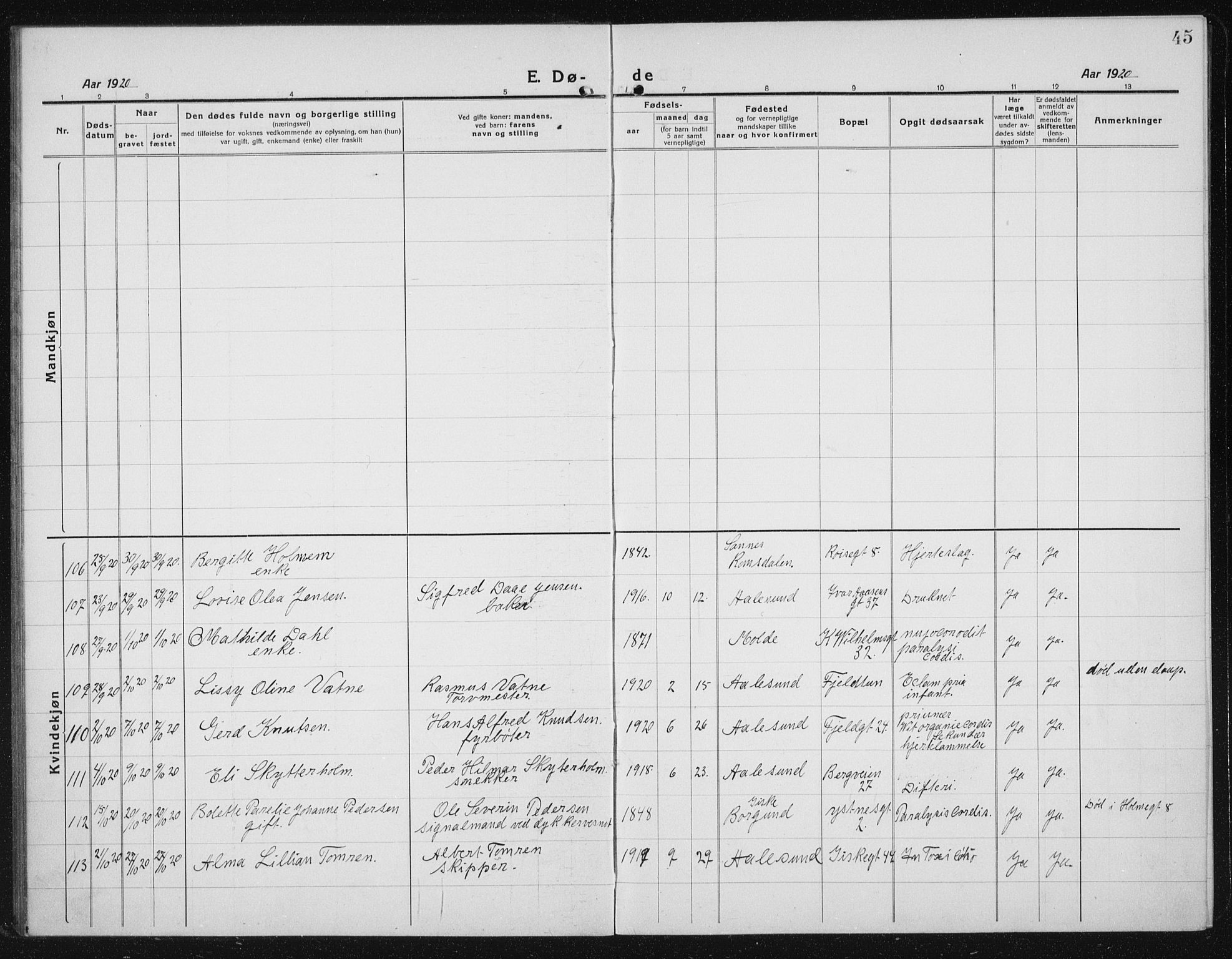 Ministerialprotokoller, klokkerbøker og fødselsregistre - Møre og Romsdal, AV/SAT-A-1454/529/L0474: Parish register (copy) no. 529C11, 1918-1938, p. 45