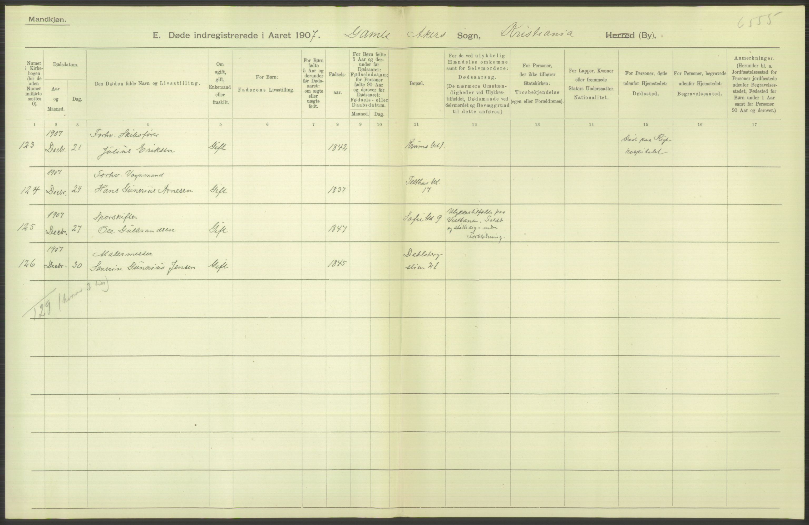 Statistisk sentralbyrå, Sosiodemografiske emner, Befolkning, RA/S-2228/D/Df/Dfa/Dfae/L0010: Kristiania: Døde, dødfødte, 1907, p. 562