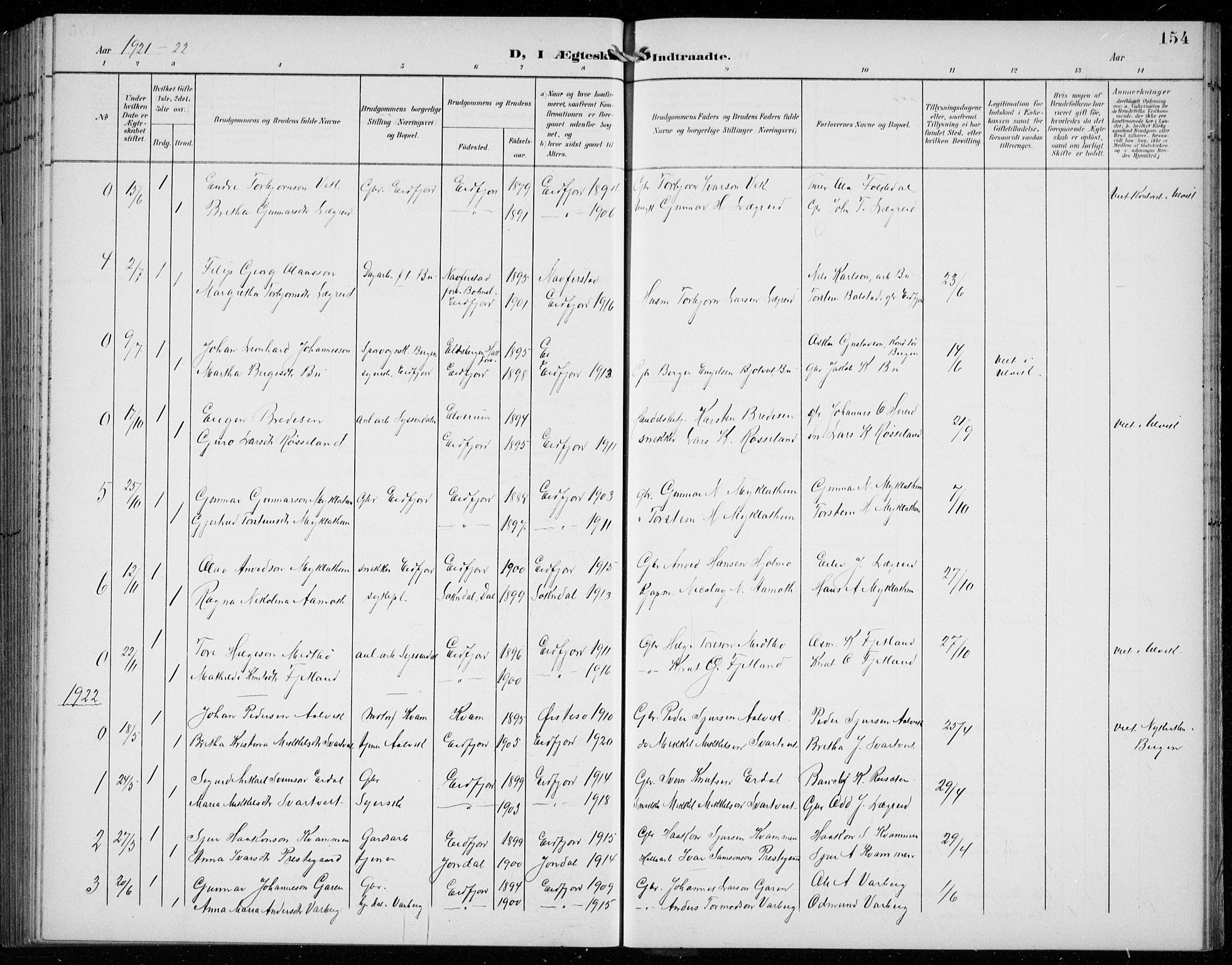 Ullensvang sokneprestembete, SAB/A-78701/H/Hab: Parish register (copy) no. C  3, 1899-1932, p. 154