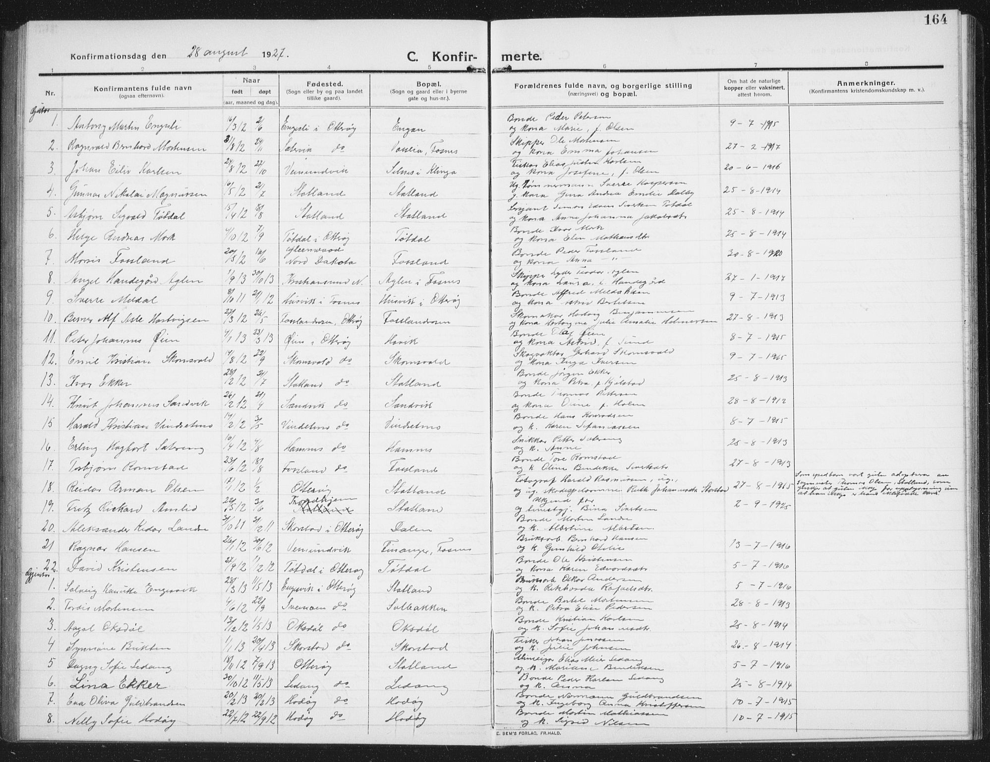 Ministerialprotokoller, klokkerbøker og fødselsregistre - Nord-Trøndelag, AV/SAT-A-1458/774/L0630: Parish register (copy) no. 774C01, 1910-1934, p. 164