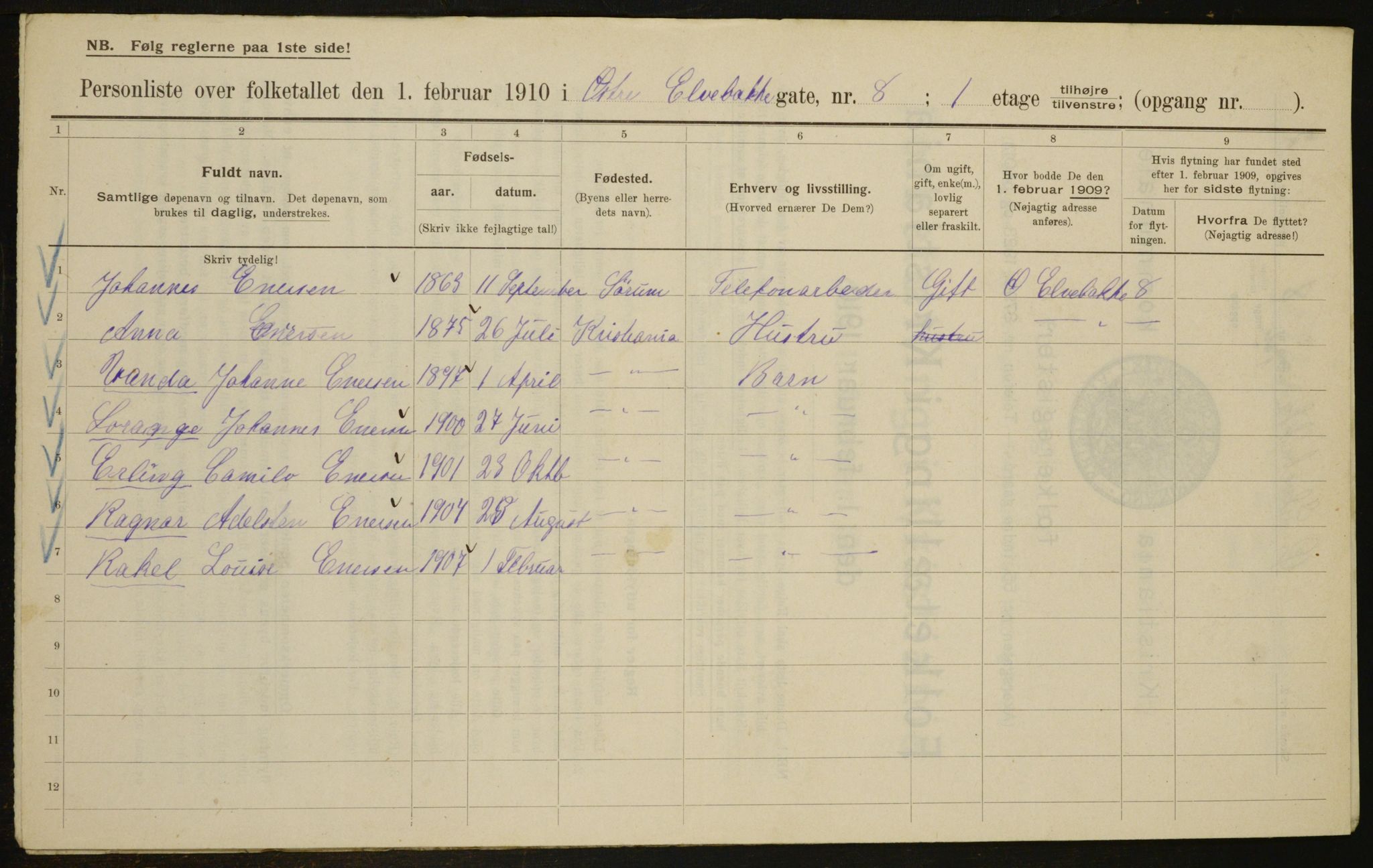 OBA, Municipal Census 1910 for Kristiania, 1910, p. 122707