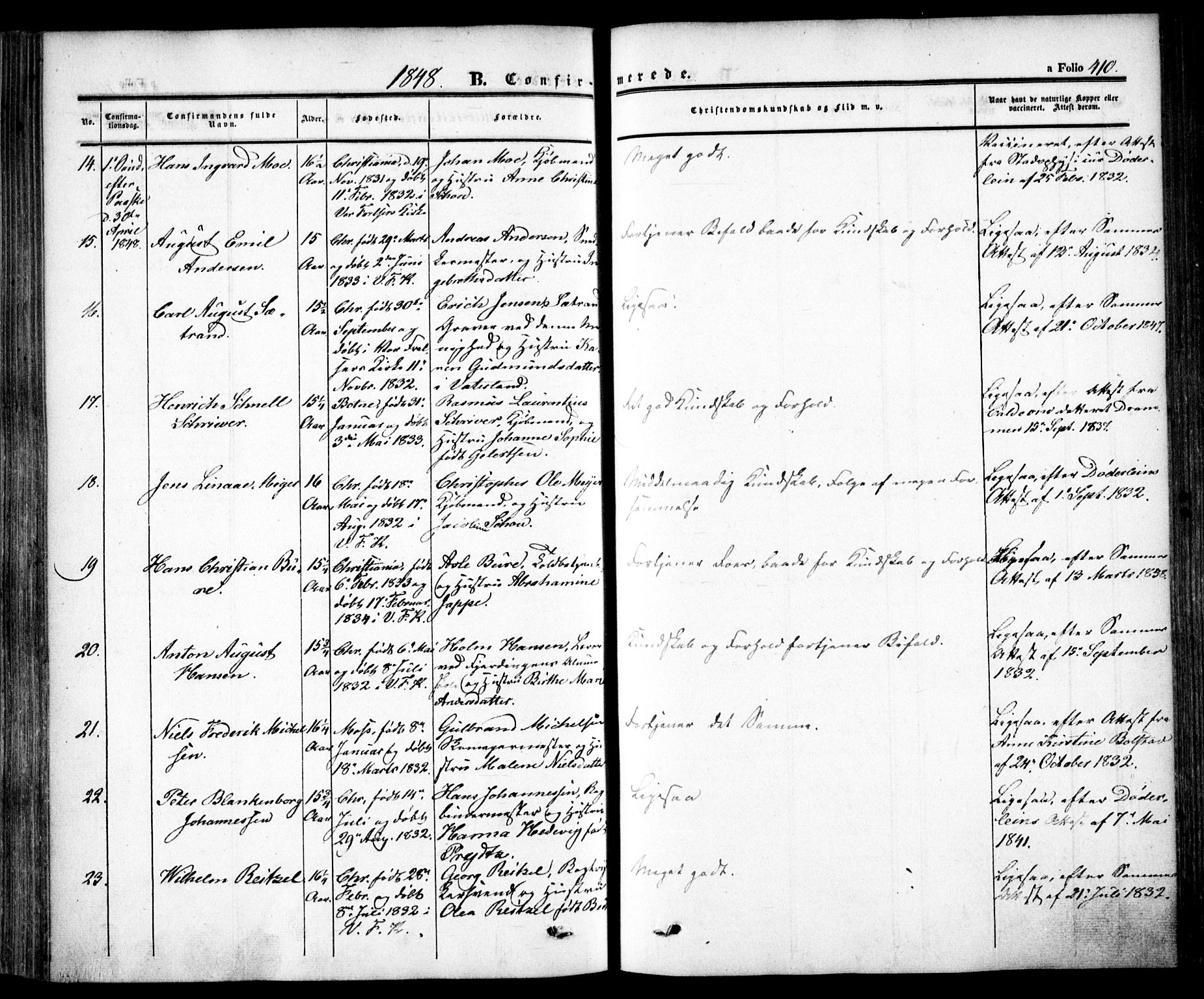Oslo domkirke Kirkebøker, SAO/A-10752/F/Fa/L0013: Parish register (official) no. 13, 1844-1864, p. 410