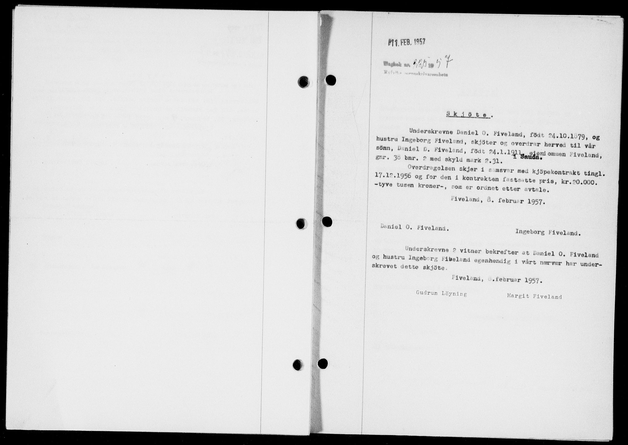 Ryfylke tingrett, SAST/A-100055/001/II/IIB/L0135: Mortgage book no. 114, 1956-1957, Diary no: : 225/1957