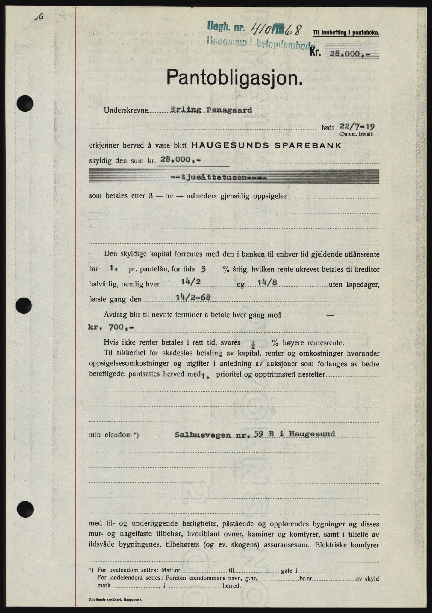 Haugesund tingrett, SAST/A-101415/01/II/IIC/L0058: Mortgage book no. B 58, 1967-1968, Diary no: : 410/1968