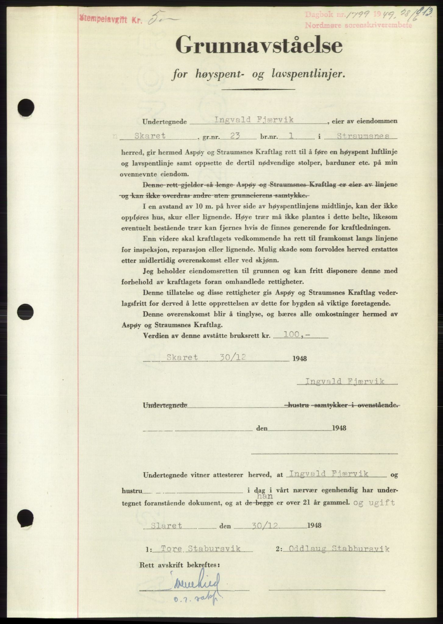 Nordmøre sorenskriveri, AV/SAT-A-4132/1/2/2Ca: Mortgage book no. B101, 1949-1949, Diary no: : 1799/1949