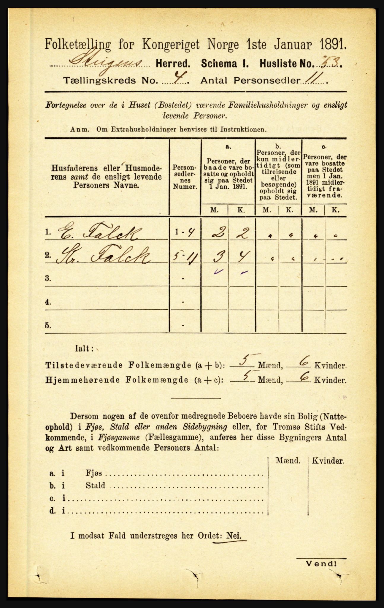 RA, 1891 census for 1848 Steigen, 1891, p. 1445