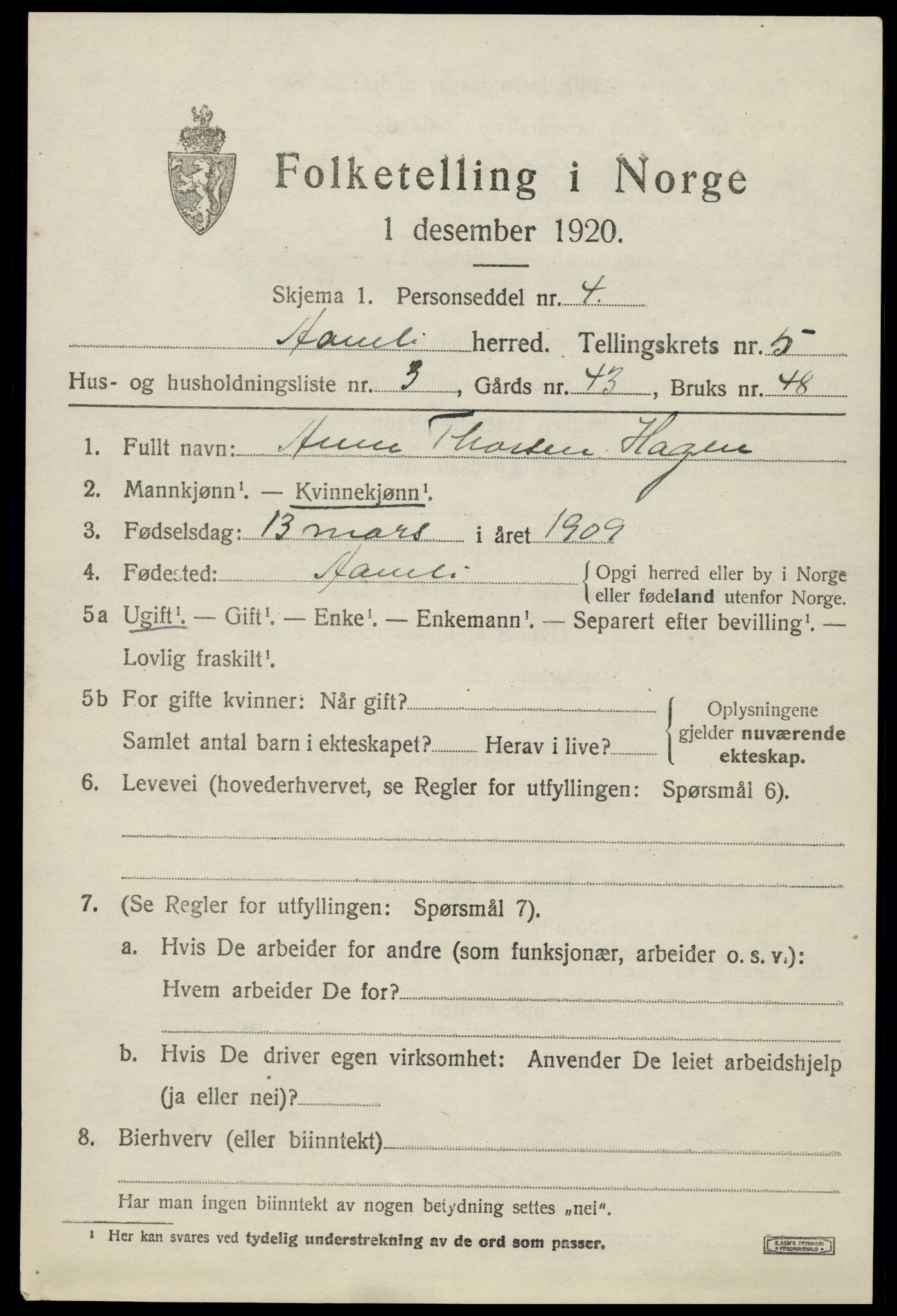 SAK, 1920 census for Åmli, 1920, p. 2313