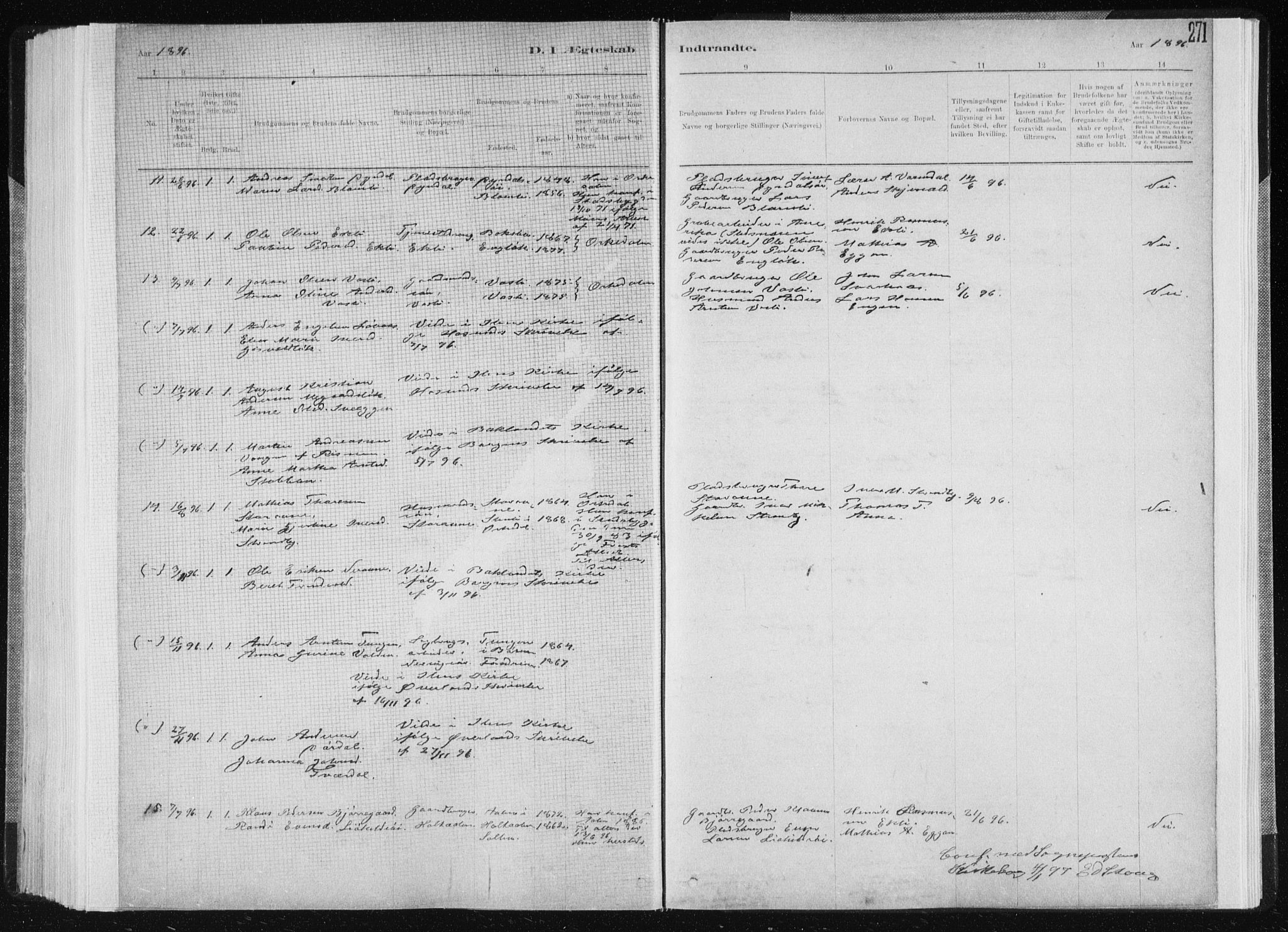 Ministerialprotokoller, klokkerbøker og fødselsregistre - Sør-Trøndelag, SAT/A-1456/668/L0818: Parish register (copy) no. 668C07, 1885-1898, p. 271