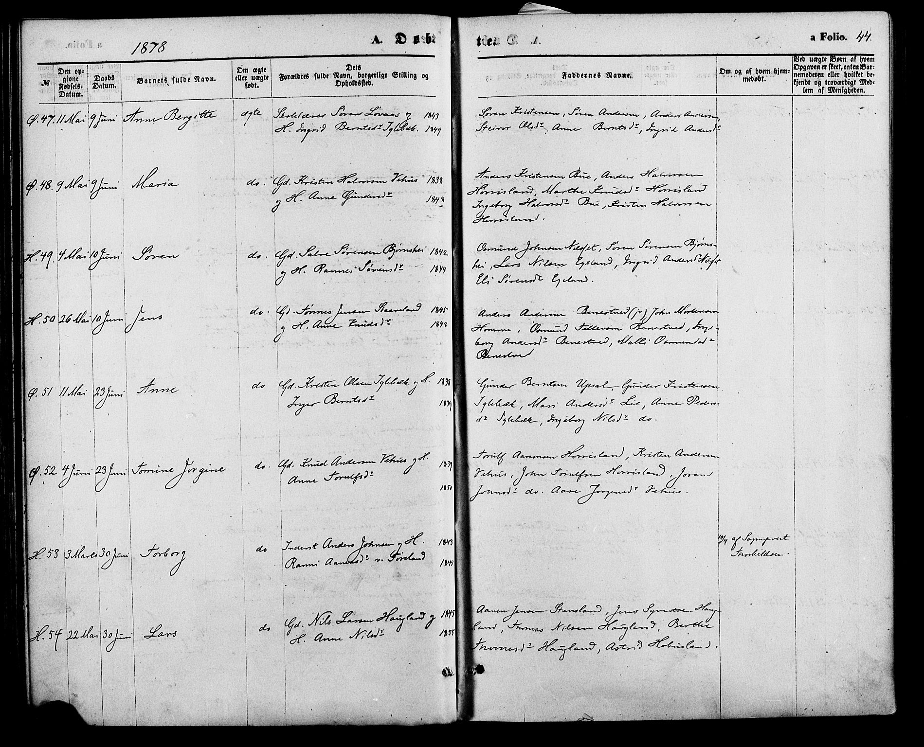 Vennesla sokneprestkontor, AV/SAK-1111-0045/Fa/Fac/L0008: Parish register (official) no. A 8, 1874-1883, p. 44