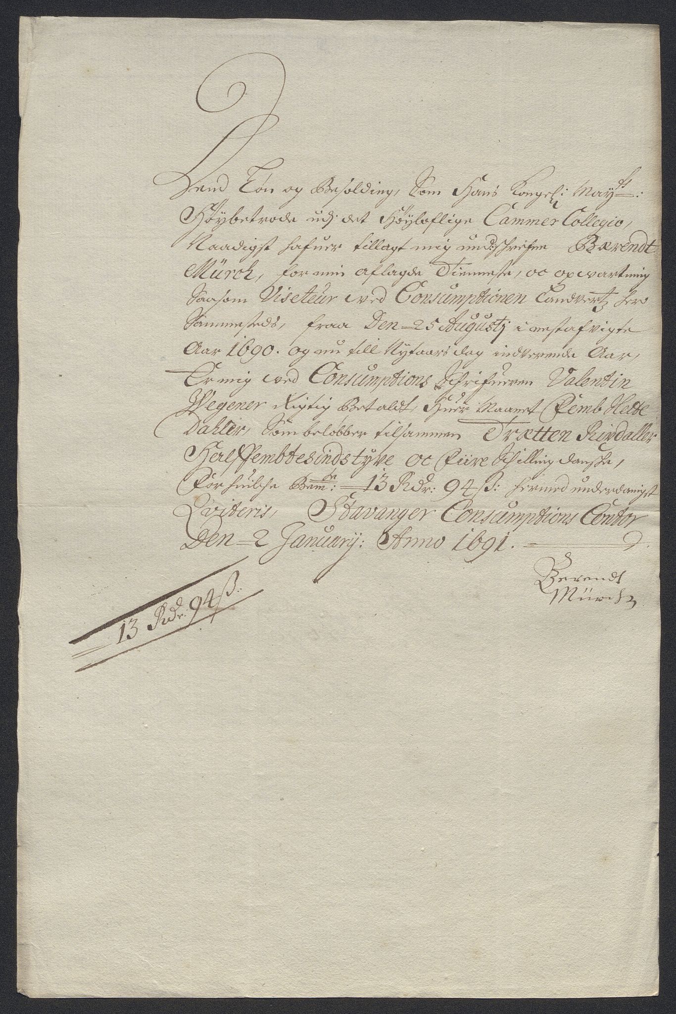 Rentekammeret inntil 1814, Reviderte regnskaper, Byregnskaper, AV/RA-EA-4066/R/Ro/L0333: [O25] Konsumpsjonsregnskap, 1690-1704, p. 22