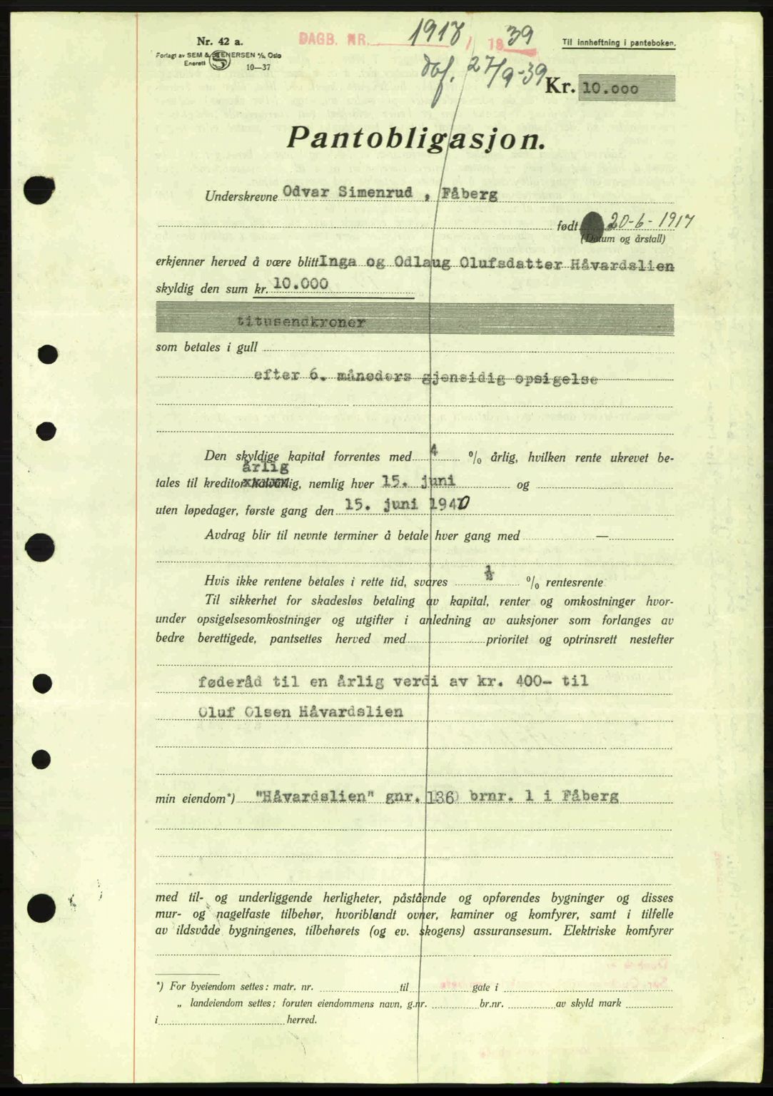 Sør-Gudbrandsdal tingrett, SAH/TING-004/H/Hb/Hbe/L0001: Mortgage book no. B1, 1936-1939, Diary no: : 1917/1939