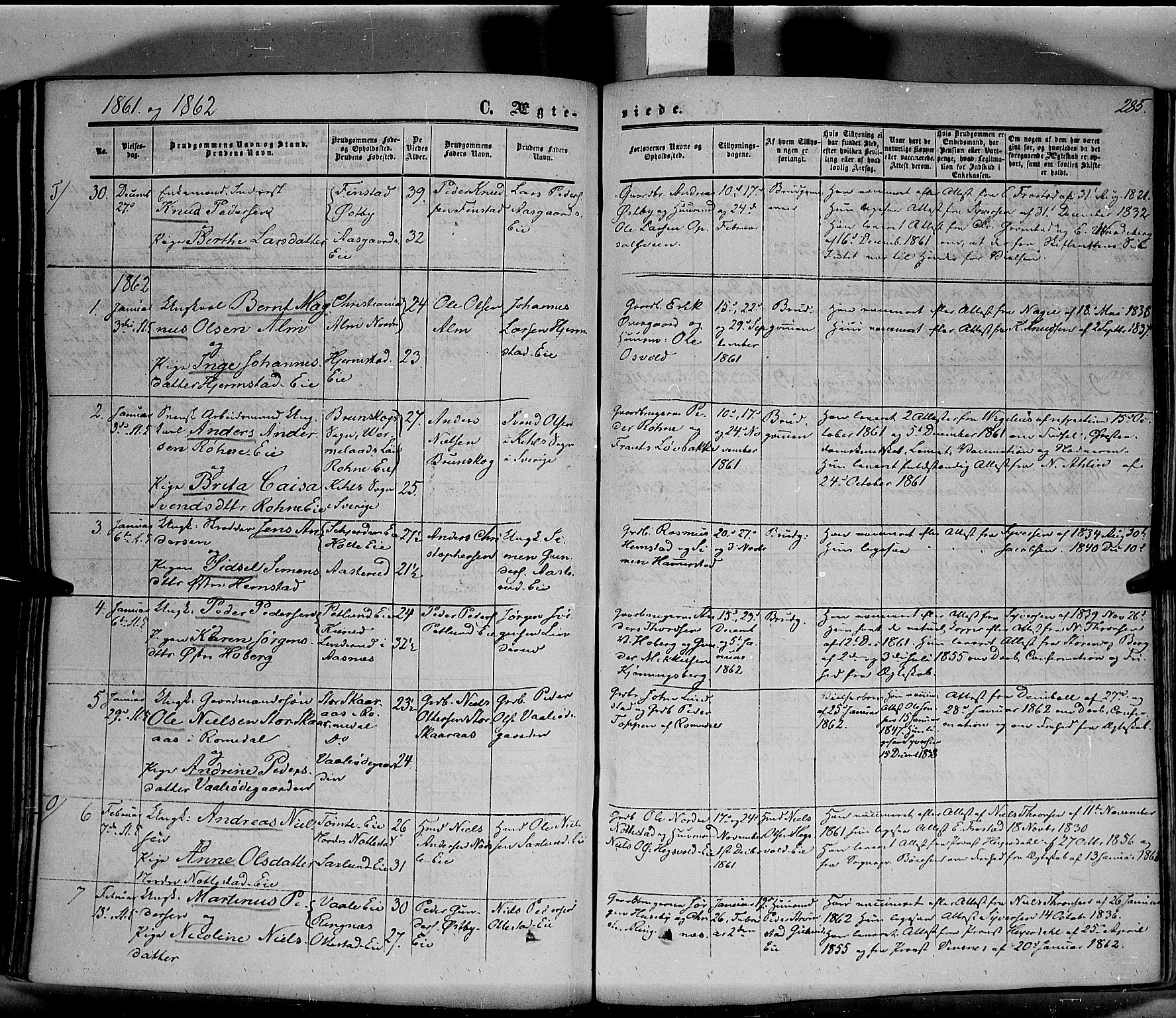 Stange prestekontor, SAH/PREST-002/K/L0012: Parish register (official) no. 12, 1852-1862, p. 285