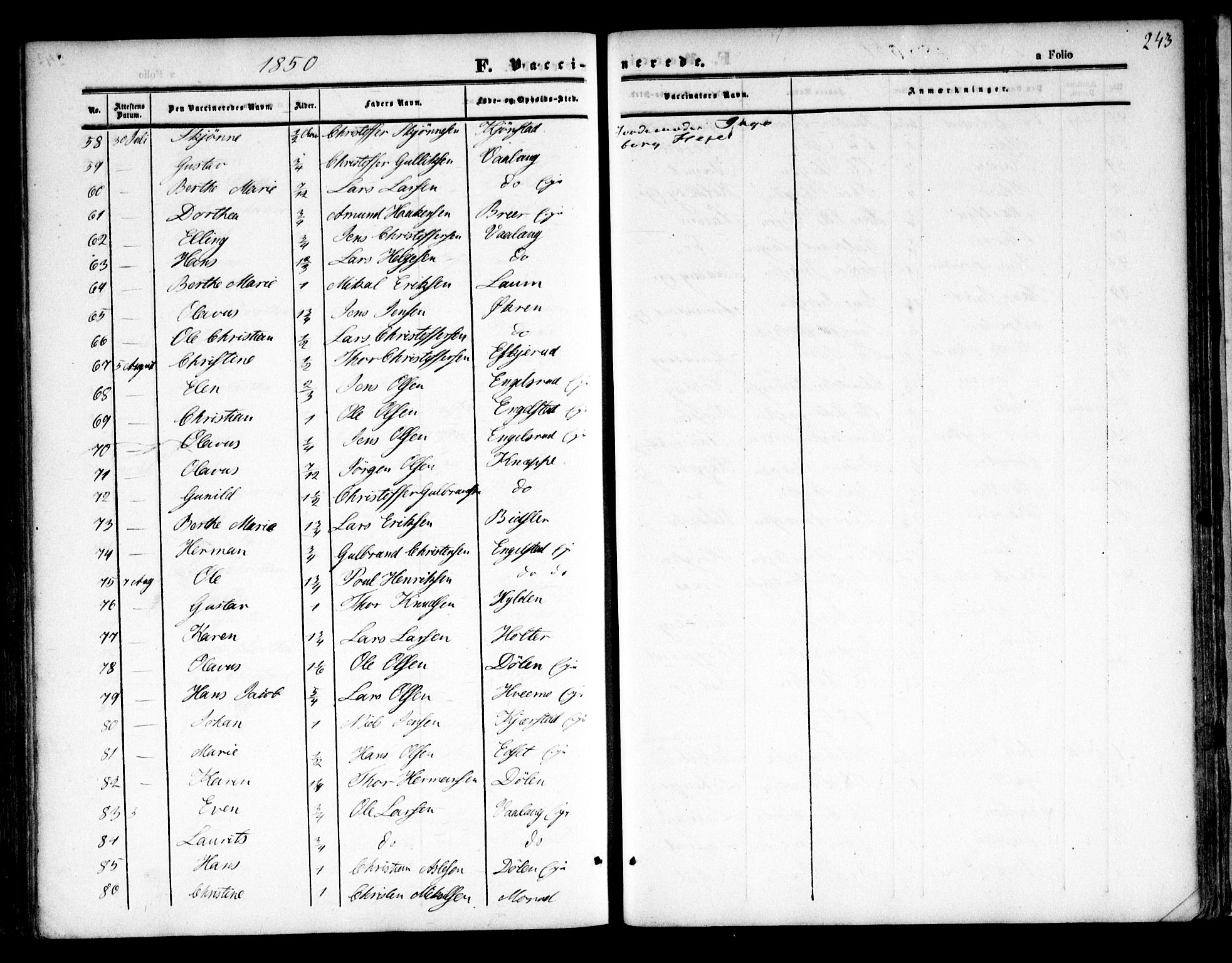 Nannestad prestekontor Kirkebøker, SAO/A-10414a/F/Fa/L0011: Parish register (official) no. I 11, 1850-1859, p. 243