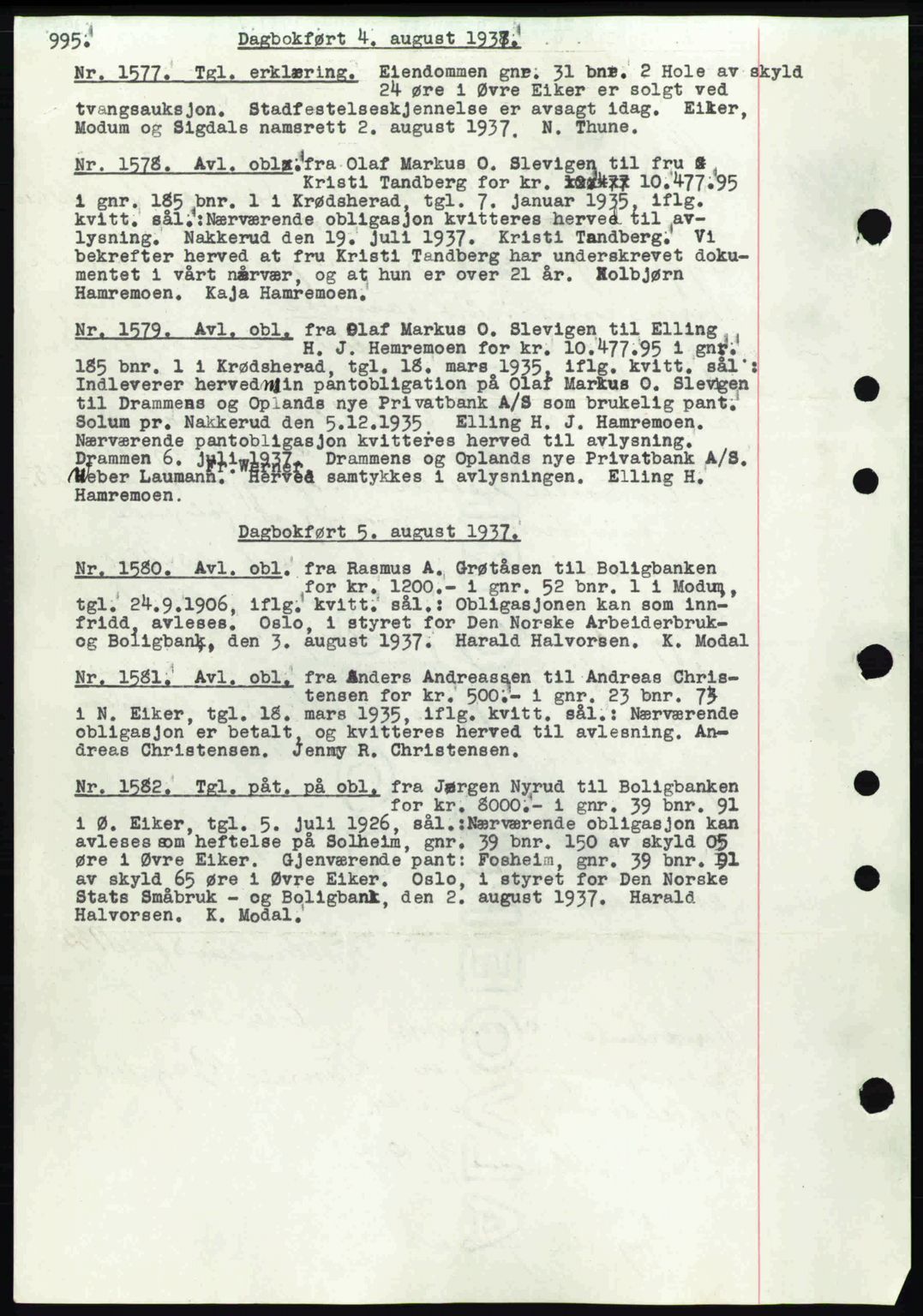 Eiker, Modum og Sigdal sorenskriveri, SAKO/A-123/G/Ga/Gab/L0035: Mortgage book no. A5, 1937-1937, Diary no: : 1577/1937
