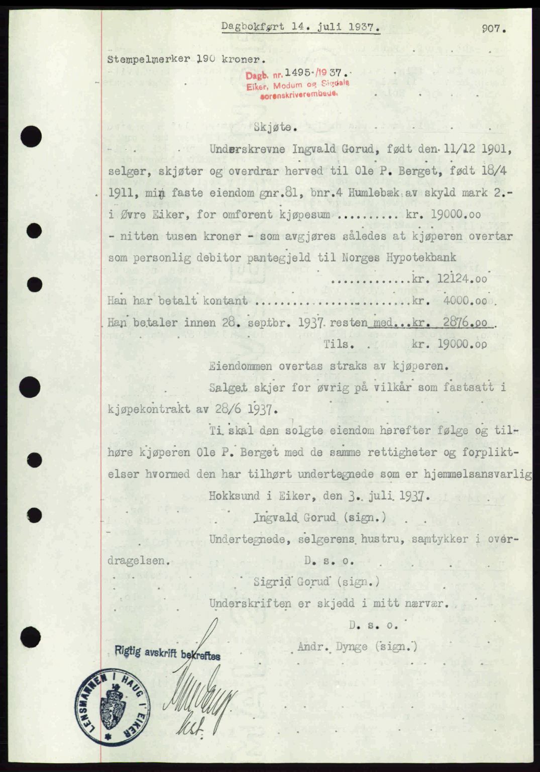 Eiker, Modum og Sigdal sorenskriveri, SAKO/A-123/G/Ga/Gab/L0035: Mortgage book no. A5, 1937-1937, Diary no: : 1495/1937