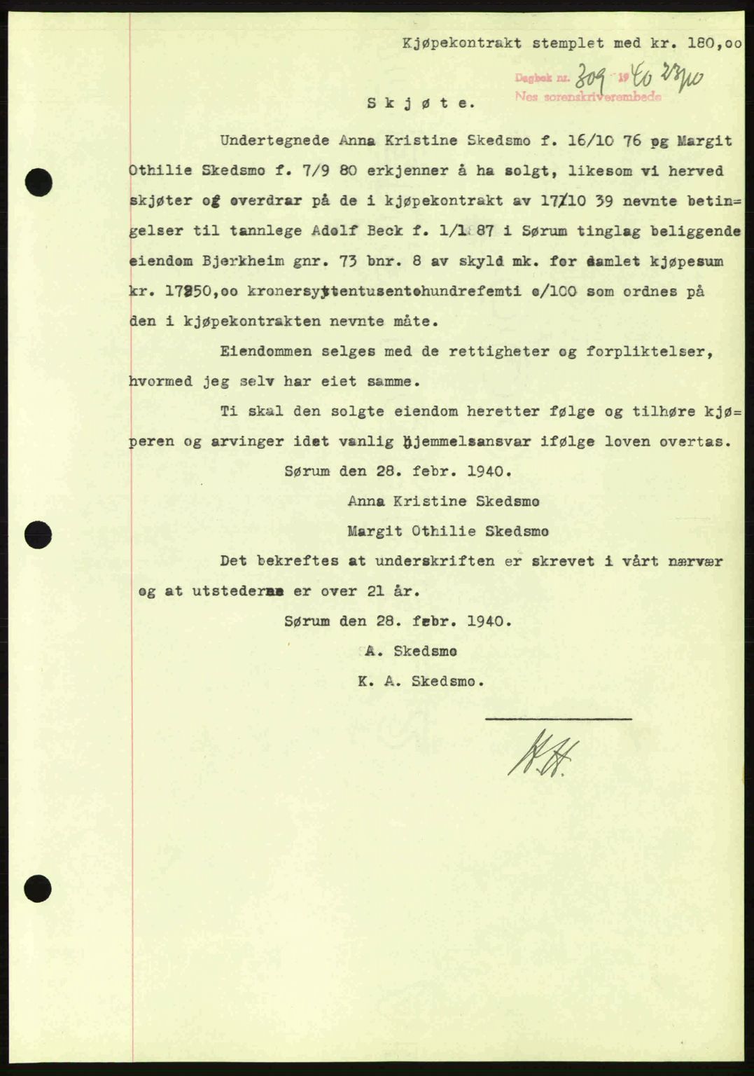 Nes tingrett, SAO/A-10548/G/Gb/Gbb/L0010: Mortgage book no. 54, 1939-1940, Diary no: : 309/1940