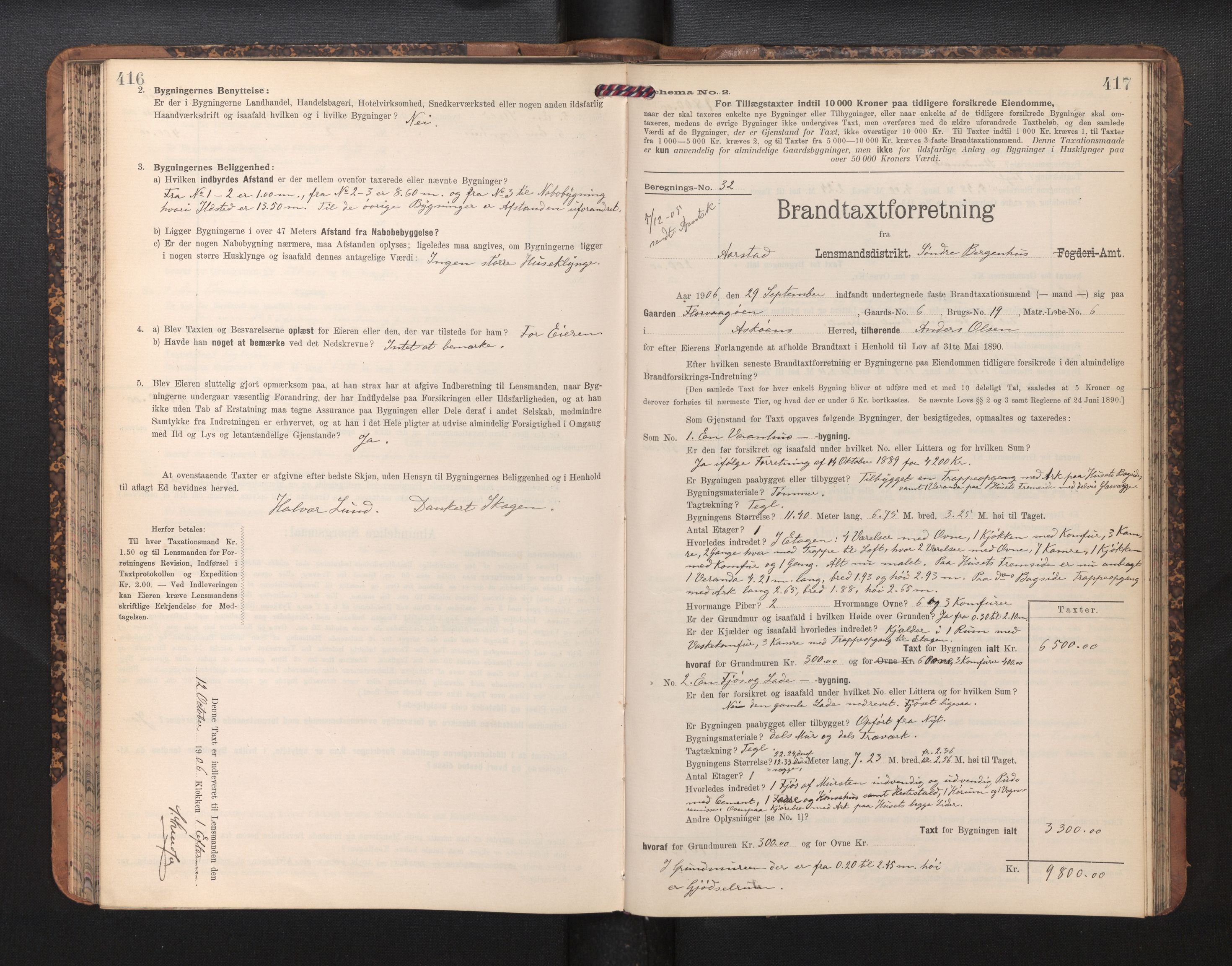 Lensmannen i Årstad, AV/SAB-A-36201/0012/L0014: Branntakstprotokoll,skjematakst, 1906-1907, p. 416-417