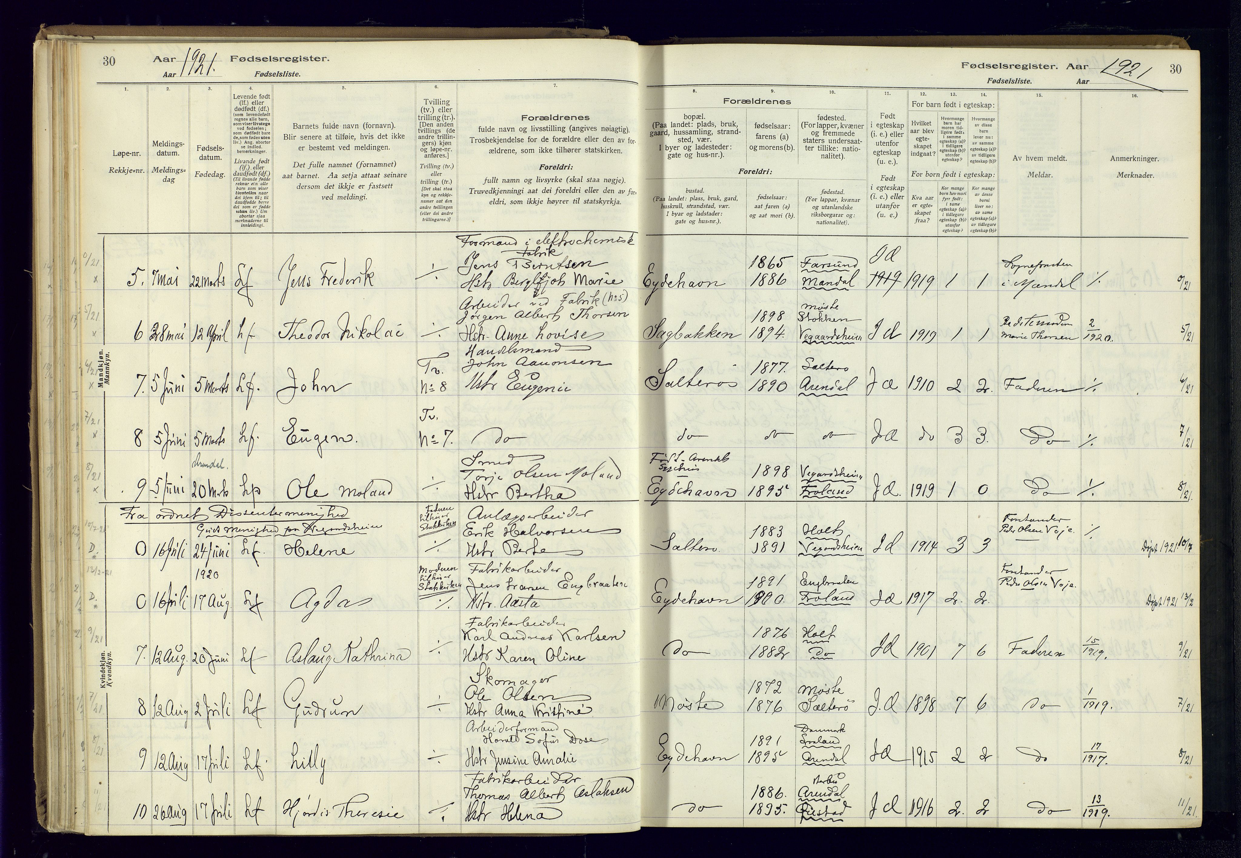 Austre Moland sokneprestkontor, SAK/1111-0001/J/Ja/L0003: Birth register no. A-VI-27, 1916-1950, p. 30