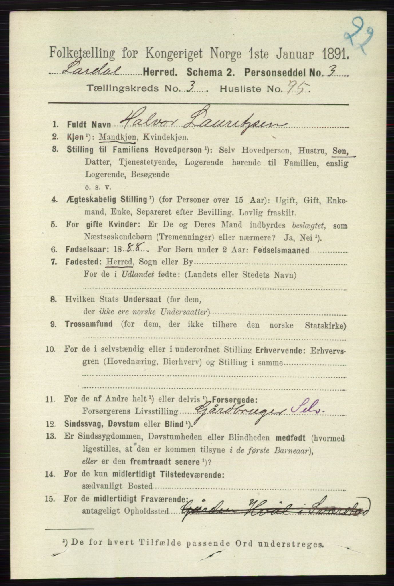 RA, 1891 census for 0728 Lardal, 1891, p. 1843