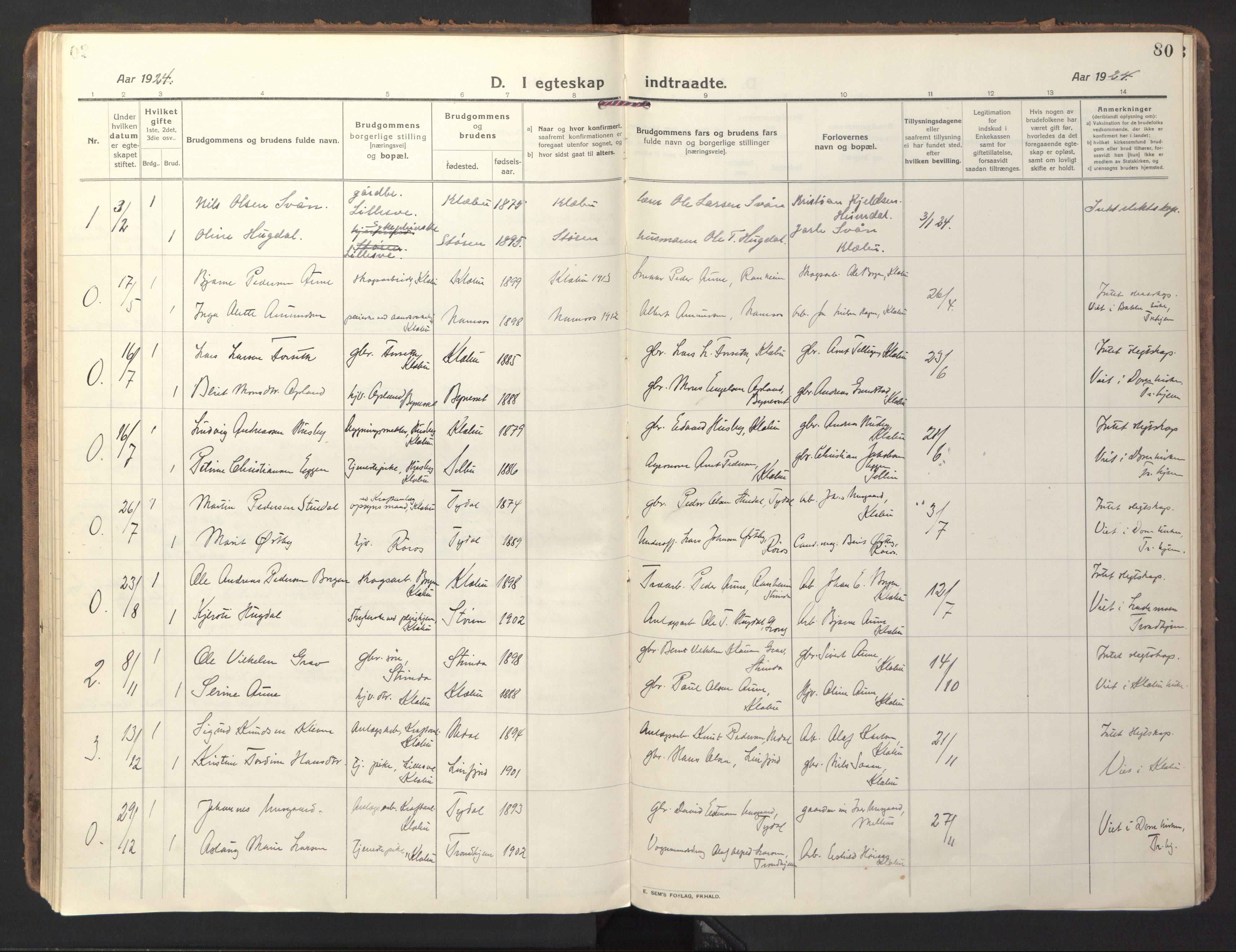 Ministerialprotokoller, klokkerbøker og fødselsregistre - Sør-Trøndelag, SAT/A-1456/618/L0449: Parish register (official) no. 618A12, 1917-1924, p. 80