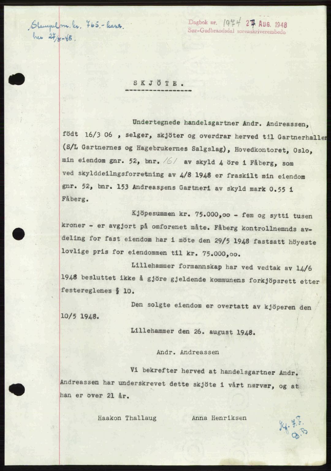 Sør-Gudbrandsdal tingrett, SAH/TING-004/H/Hb/Hbd/L0022: Mortgage book no. A22, 1948-1948, Diary no: : 1974/1948