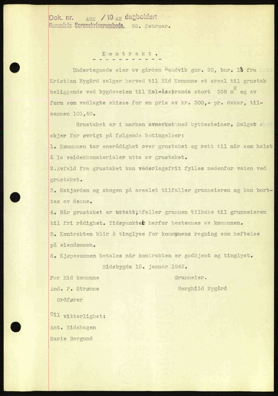 Romsdal sorenskriveri, AV/SAT-A-4149/1/2/2C: Mortgage book no. A11, 1941-1942, Diary no: : 422/1942