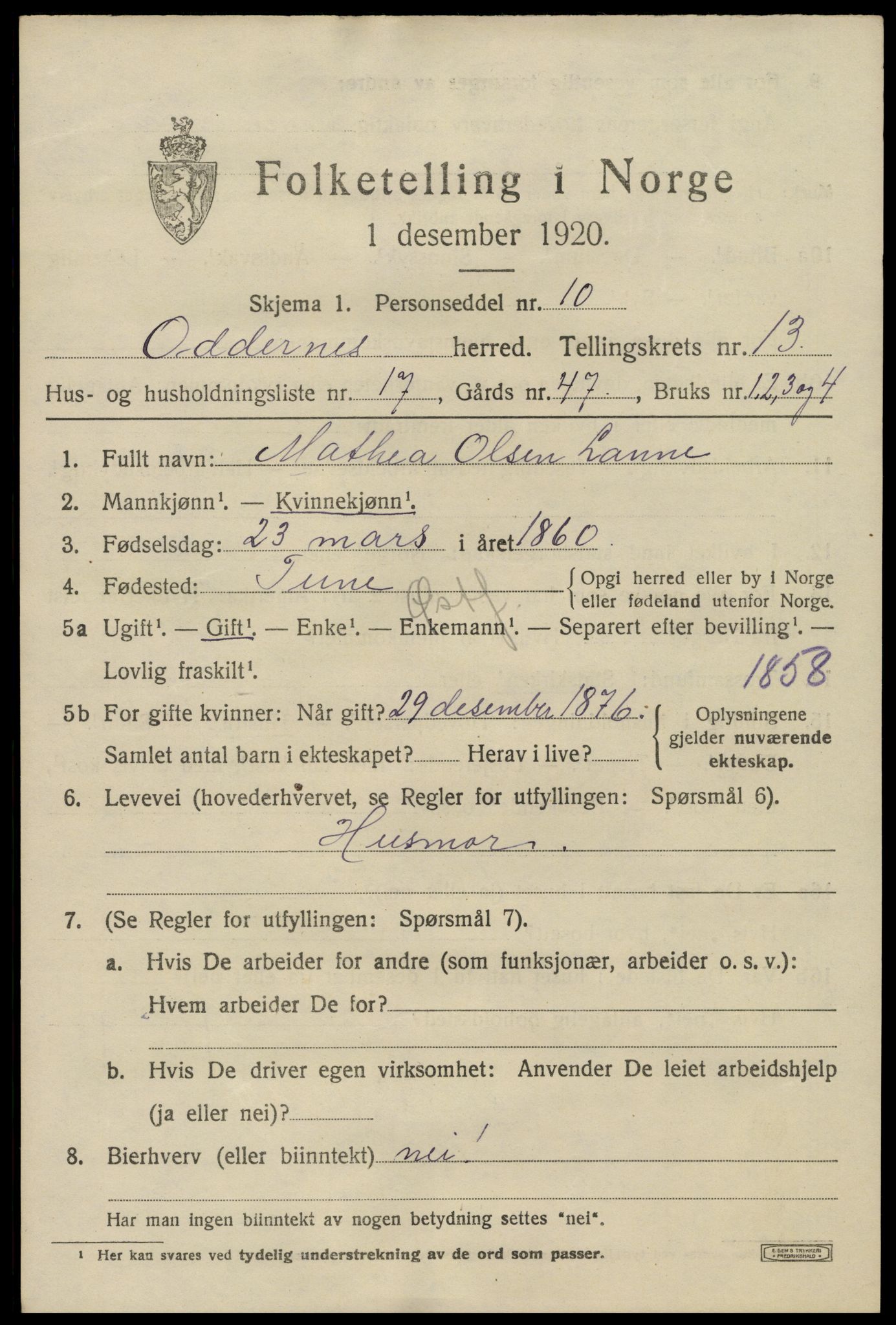 SAK, 1920 census for Oddernes, 1920, p. 8141