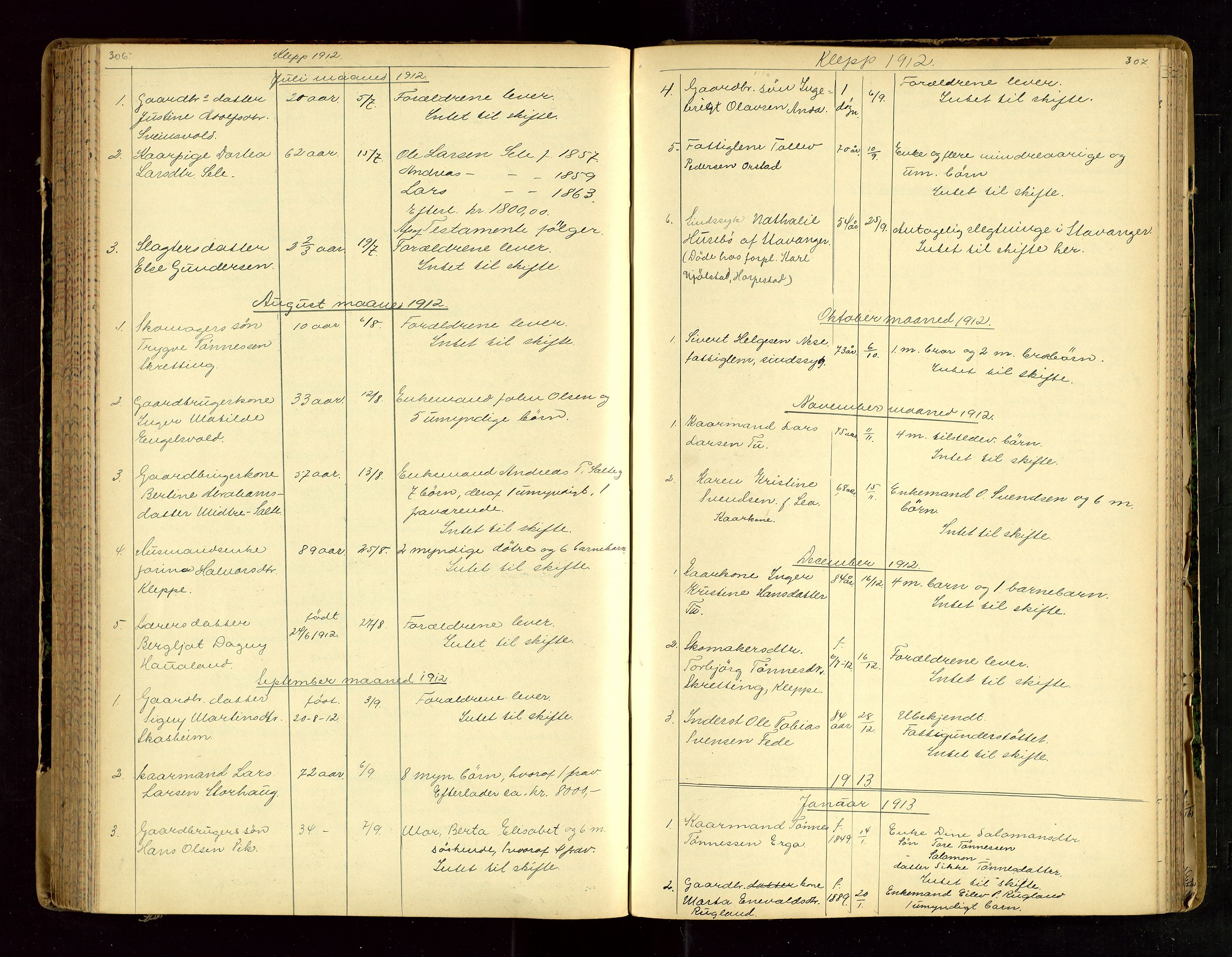 Jæren sorenskriveri, SAST/A-100310/01/5/52/52B/L0003: DØDSFALLPROTOKOLL, 1910-1916, p. 306-307