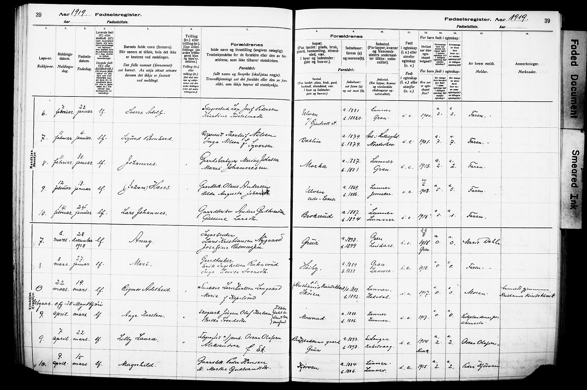 Lunner prestekontor, AV/SAH-PREST-118/I/Id/L0001: Birth register no. 1, 1916-1932, p. 39