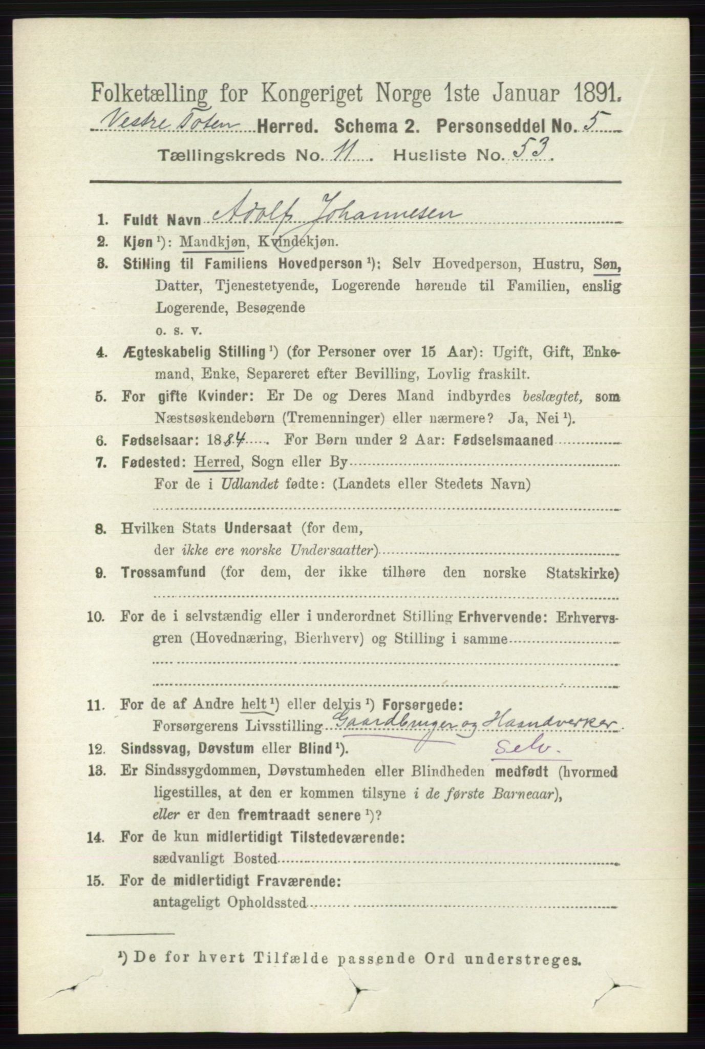 RA, 1891 census for 0529 Vestre Toten, 1891, p. 7009