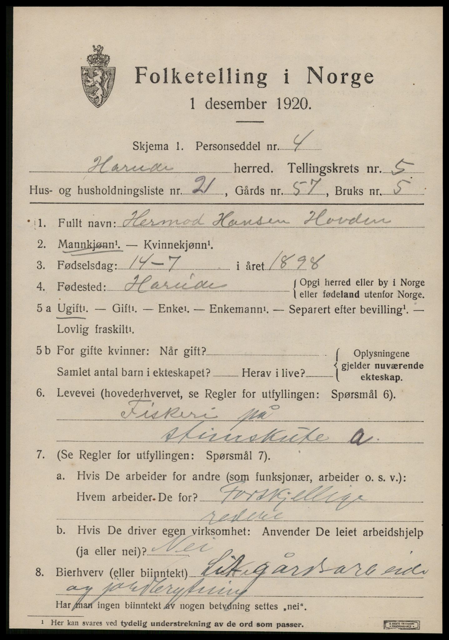 SAT, 1920 census for Hareid, 1920, p. 2155