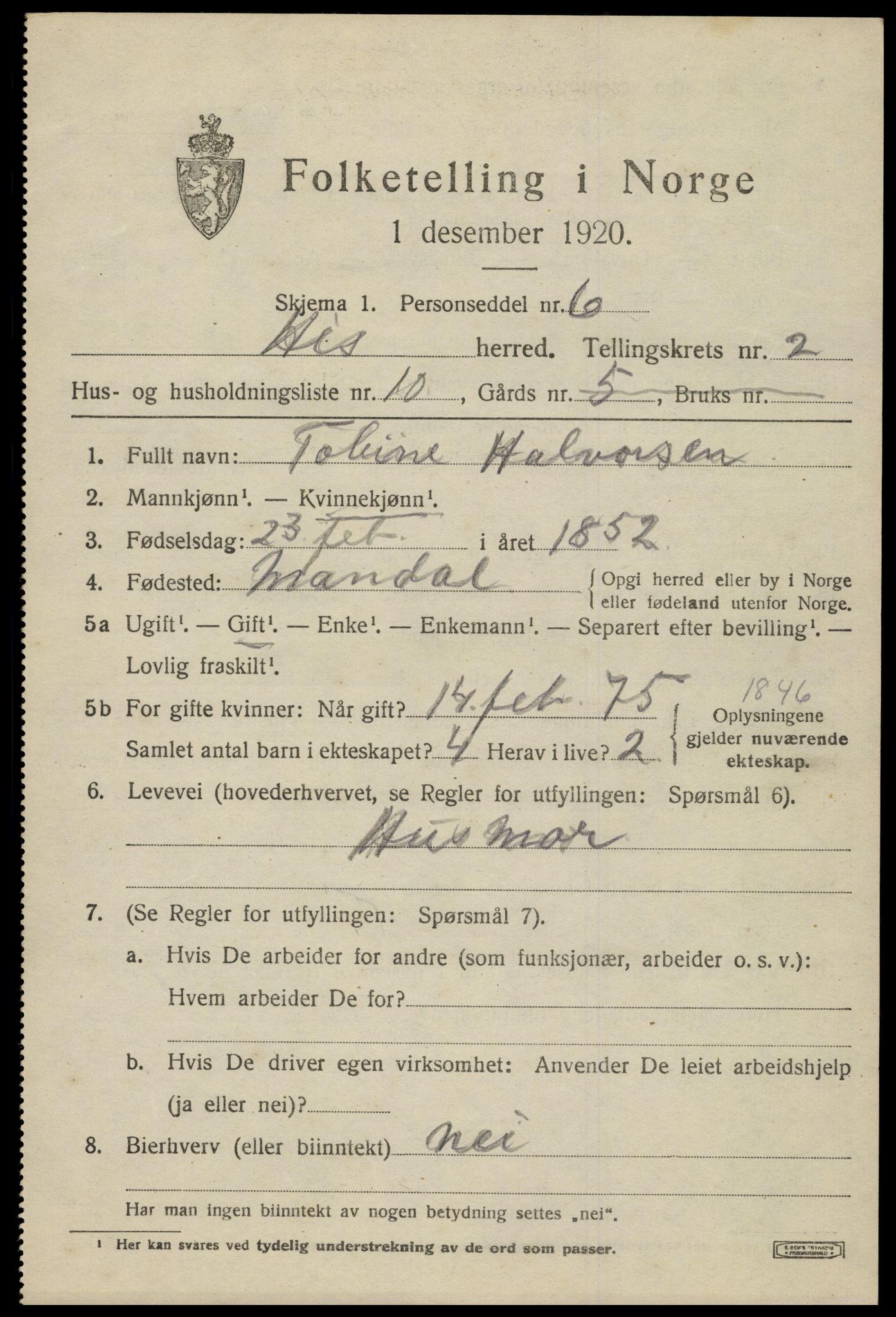SAK, 1920 census for Hisøy, 1920, p. 2512