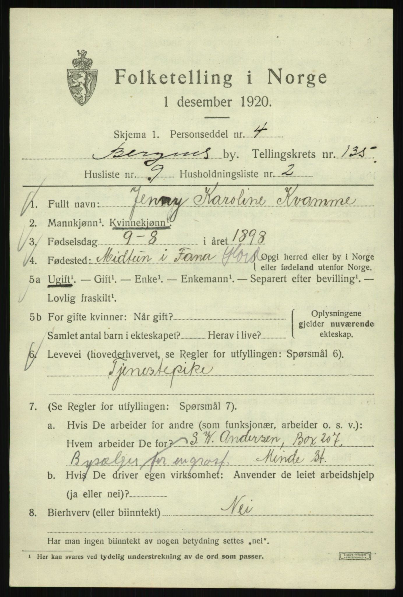 SAB, 1920 census for Bergen, 1920, p. 226168