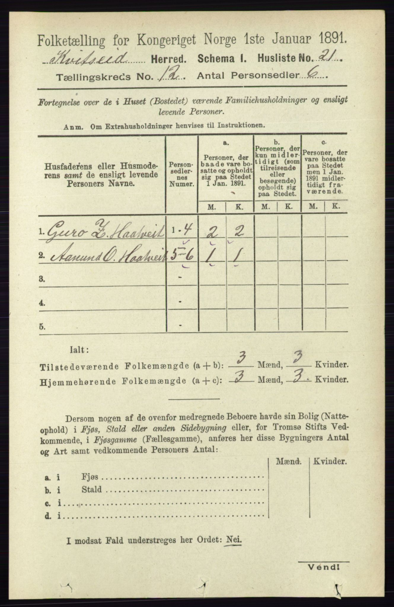 RA, 1891 census for 0829 Kviteseid, 1891, p. 2834